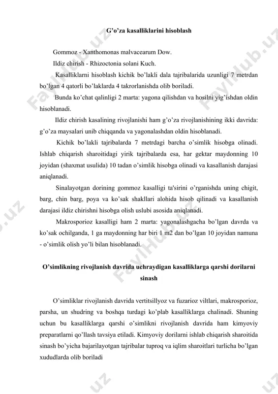 riba bo’lakchalaridagi barcha g’o’zalardagi ko’sak soni hisoblanib chiqiladi va bitta o’simlikdagi ko’saklarning o’rtacha soni aniqlanadi. hosilni yig’ib olish davriga kelib har bir tajriba bo’lagidan 25 tup o’simlikning pastki, o’rta va yuqori kismlaridan 1 tadan ko’sakdagi hosil terib olinib, tortiladi xamda bitta ko’sakdagi paxtaning o’rtacha og’irligi aniqlanadi. g’o’zaning vilt kasalliklarini hisoblash vertitsillez vilt-verticillium dahliae kleb. fuzarioz vilt-fusarium oxysporium; f.vasinfectum vilt kasalliklariga qarshi ishlatiladigan kimyoviy preparatlar asosan g’o’za rivojlanishining uch davrida: 3-5 barg paydo bo’lganda; shonalab, gullash oldidan va ko’sak tugish boshlanadigan davrlarida qo’llaniladi. ishlab chiqarish sharoitidagi tajribalarda g’o’zani vilt bilan kasallanganligini hisoblash uchun har bir gektardan har birida 10 tadan o’simlik bo’lgan 10 tadan namuna shaxmat tarzida olinadi. birinchi namunani olishda dala chetidan besh qator tashlash shart bo’lsa, keyingilarida 29 tadan ariq tashlanadi yoki oldinga 50 m yuriladi. vilt bilan kasallanish darajasi g’o’za rivojlanishning shonalash, birinchi ko’sak tugish va paxtani ochilish davrlarida aniqlanadi. tajribada yangi kimyoviy preparatlarning andoza va nazorat variantlariga …