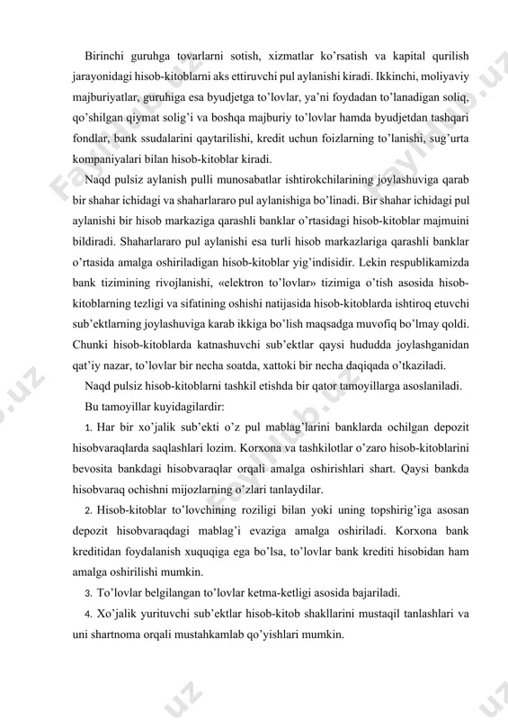na va tashkilotlar o’zaro hisob-kitoblarini bevosita bankdagi hisobvaraqlar orqali amalga oshirishlari shart. qaysi bankda hisobvaraq ochishni mijozlarning o’zlari tanlaydilar. 2. hisob-kitoblar to’lovchining roziligi bilan yoki uning topshirig’iga asosan depozit hisobvaraqdagi mablag’i evaziga amalga oshiriladi. korxona bank kreditidan foydalanish xuquqiga ega bo’lsa, to’lovlar bank krediti hisobidan ham amalga oshirilishi mumkin. 3. to’lovlar belgilangan to’lovlar ketma-ketligi asosida bajariladi. 4. xo’jalik yurituvchi sub’ektlar hisob-kitob shakllarini mustaqil tanlashlari va uni shartnoma orqali mustahkamlab qo’yishlari mumkin. 5. tovar etkazib beruvchi korxona hisobvarag’iga pul mablag’lari mazkur mablag’larining mol sotib oluvchi korxona hisobvarag’idan o’chirilgandan so’ng o’tkazib beriladi. 6. to’lovni kafolatlash maqsadida, etkazib berilishi lozim bo’lgan tovar yoki ko’rsatilishi lozim bo’lgan xizmat qiymatining 15 foizi oldindan to’langandan so’nggina tovarlar jo’natiladi yoki xizmatlar ko’rsatiladi. hisob-kitoblarni amalga oshirishda yuqorida sanab o’tilgan tamoyillarga amal qilinmas ekan, bu hisob-kitob munosabatlarida qatnashuvchi tomonlarning moliyaviy holatiga salbiy ta’sir ko’rsatadi. hozirgi kunda o’zbekiston respublikasi hududida naqd pulsiz hisob-kitoblar «o’zbekiston respublikasida naqd pulsiz hisob-kitoblarni amalga oshirish …