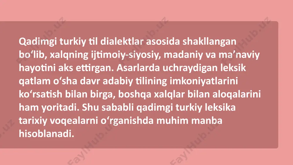 ngan. ular o‘zaro semantik aloqadorlikni saqlab qolgan holda taraqqiy etgan. ko‘p ma’nolilik bitta semantik birlik atrofida rivojlangan va bunda metafora muhim vosita sifatida xizmat qilgan. bu jarayon tilning ichki imkoniyatlari va ma’naviy hayotdagi yangilanishlarni aks ettiradi. evfemizm qadimgi turkiy til leksikasida evfemizmlar ham keng qo‘llangan. ular noxush hodisa va salbiy harakatlarni yumshatib ifodalash uchun ishlatilgan. masalan, “uchdi” so‘zi vafot etish, “qiyildi” esa o‘lish ma’nosida qo‘llanilgan. evfemizmlar orqali jamiyatda noxush yoki og‘ir ma’nodagi so‘zlarni yashirish va ularni yumshoqroq shaklda ifodalash an’anasi shakllangan. qadimgi turkiy tilda omonimlar juda ko‘p bo‘lgan. ularning kelib chiqish sabablari: tovush o‘zgarishlari, boshqa tillardan o‘zlashish, ko‘p ma’nolilikning rivojlanishi. misollar: bod – “urug‘, qabila” va “tana, qomat”. yagru – “yarali” va “sodiq”. yorï – “yoriq” va “yarim”. omonimlar shuningdek, omoforma, omograf va omofonlar ham mavjud bo‘lgan: yaz – “yoz fasli” va “yozmoq” (omoforma), ot – “ot hayvon” va “ot (ism)” (omograf), talaffuzi bir xil, lekin ma’nosi boshqa so‘zlar (omofon). …