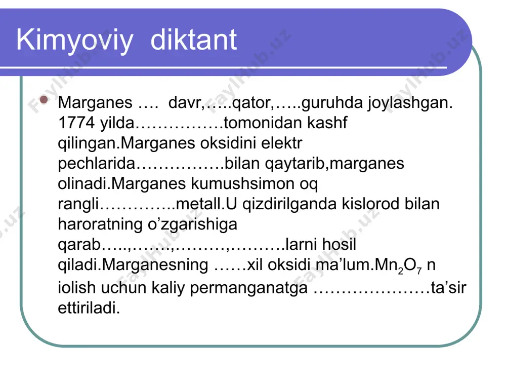 iya etilgan. biologik ahamiyati. guruxlarga ishlash orqali yangi mavzuni mustahkamlash. kartochka№ 1 sizlar bir guruh vrachlarsiz.tibbiyotda temir yetishmasligi natijasida inson organizmida qanday kasalliklar vujudga keladi va buning oldini olish uchun nimalar qilish kerak bo’ladi.shular haqida o’quvchilarga aytib bering. kartochka№ 2 sizlar bir guruh kimyogarsizlar.temirning kimyoviy xossalari va korroziyalanishi haqida aytib bering.zangning oldini olish uchun qanday choralar ko’rish kerak? kartochka№ 3 sizlar geologiya sohasi vakillarisizlar. tabiatda temirning tarqalishi va minerallari haqida ma’lumot bersangiz. kartochka№ 4 sizlar bir guruh dorishunossizlar.temirning ferrotsen birikmalari haqida ma’lumot bersangiz. bunda o’zbek olimlarining qo’shgan hissalari qanday? kartochka№ 5 bekabod metallurgiya zavodi xodimlarisiz.temir va uning qotishmalarining zamonaviy texnikadagi o’rni haqida gapirib bersangiz. uyga vazifa. darslikdagi 31-mavzuni o’qish .savol va topshiriqlarni bajarish.uyda temirdan yasalgan buyumlarni nomini yozib kelish.