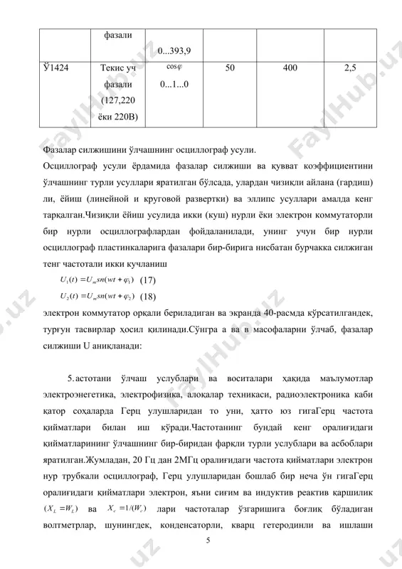 1,5 д126 350...450;450...550 127;220ёки380 1,5 5.электромеханик частотомерларнинг тузилиши ва ишлаш. тузилиши жиҳатидан содда ва электромагнитнинг ғалтагига частотаси ўлчанадиган ўзгарувчан кучланиш волтметр каби бевосита уланадиган резонансли электромеханик частотомер ишлашини тушунтириб ўтамиз.расмдаги: 1-электротехник пўлатдан тайёрланган юқори; 2-электромагнит; 3-пўлат материалли япроқчалар; 4-эластик пружина; 5-пўлат таёқча(брусок).пўлат япроқчаларнинг бир учи пўлат таёқчага маҳкамланган, иккинчи учлари эса эркин тебрана оладиган қилиб бўш қолдирилган.уларнинг ҳар бири хусусий тебраниш частотаси ўзидан олдинги япроқ тебраниш частотасига ничбатан 0,5 гц га ошиб борадиган қилиб, уларнинг бўш учлари частотометр шкаласида тартибда кўринадиган қилиб жойлаштирилган.япроқлар учларини кўриш қулай бўлиши учун уларнинг сиртига ялтироқ оқ ранг берилган.частотомер электромагнити 2 ўзгарувчан ток тармоғига уланганда, электромагнит ток (кучланиш) частотасига тенг частота билан пулсацияланиб тебранадиган магнит мйдон ҳосил қилади.натижада якор, демак, якор билан битта ўққа маҳкамланган пўлат япроқчалар ҳам тебранади.электромагнит саноат частотали ток тармоғига уланганда, частотали ток частотасига мувофиқ келган пўлат япроқ механик резонанс ҳодисаси рўй берадиган вазиятга эришади ва у бошқа япроқларга нисбатан каттароқ амплитуда …