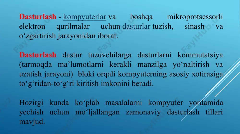 hisoblanib, ob’ektga yoʻnaltirilgan, funktsional uslublarni qoʻllab-quvvatlaydi. bu dasturlash tili internet texnologiyalarida keng qoʻllaniladi. java - chuqur darajada klasslarga asoslangan, obyektga yoʻnaltirilgan (object-oriented) dasturlash tili. java dasturlash tili veb sohasida uzoq vaqtdan beri foydalanib kelinayotgan, barqaror va kuchli tillardan biri hisoblanadi. python - yuqori darajadagi dasturlash tili boʻlib, soddaligi, oʻqilishi va sintaksisi tufayli eng oson til hisoblanadi. python bugungi kunda yuqori darajada keng qoʻllaniladigan dasturlash tillaridan biri hisoblanadi. veb ilovalarni yaratishda keng foydalaniladi. php - dinamik veb-saytlarni yaratish va rivojlantirish uchun eng keng tarqalgan tillardan biridir. css - veb sahifalarga har xil stillar berish uchun ishlatiladi. hamda bir vaqtning oʻzida bir nechta veb sahifalarni dizaynini oʻzgartirish mumkin. html da ham veb sahifaga dizayn bersa boʻladi, lekin bu juda uzoq jarayon talab qilgani bois, css bu vazifani oʻz boʻyniga olgan. css ning boshqa tillardan bitta ustun tarafi shundan iborat. c++ - kompilaysiyalanadigan (manba kodni mashina kodiga), statik usulda kiritilgan umumiy maqsadli dasturlash …