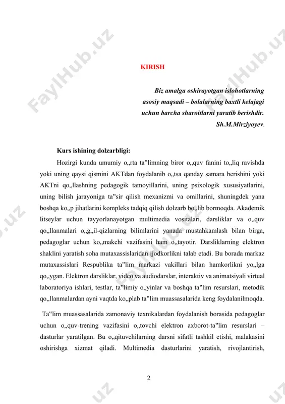 g„il-qizlarning bilimlarini yanada mustahkamlash bilan birga, pedagoglar uchun ko„makchi vazifasini ham o„tayotir. darsliklarning elektron shaklini yaratish soha mutaxassislaridan ijodkorlikni talab etadi. bu borada markaz mutaxassislari respublika ta‟lim markazi vakillari bilan hamkorlikni yo„lga qo„ygan. elektron darsliklar, video va audiodarslar, interaktiv va animatsiyali virtual laboratoriya ishlari, testlar, ta‟limiy o„yinlar va boshqa ta‟lim resurslari, metodik qo„llanmalardan ayni vaqtda ko„plab ta‟lim muassasalarida keng foydalanilmoqda. ta‟lim muassasalarida zamonaviy texnikalardan foydalanish borasida pedagoglar uchun o„quv-trening vazifasini o„tovchi elektron axborot-ta‟lim resurslari – dasturlar yaratilgan. bu o„qituvchilarning darsni sifatli tashkil etishi, malakasini oshirishga xizmat qiladi. multimedia dasturlarini yaratish, rivojlantirish, ommalashtirish borasidagi ishlar o„z samarasini bermoqda. ta‟lim maskanlarida o„quvchilar to„g„ridan to„g„ri internetda yoki sinfxonalarda disklar va audiodisklar yordamida fanga oid ma‟lumotlar bilan tanishmoqda. bugungi kunda zamonaviy axborot texnologiyalaridan bemalol foydalanib, o„z salohiyati bilan olam ahlini lol qoldirayotgan yoshlarimiz safi kengaymoqda. bularning barchasi mamlakatimizda yoshlar uchun keng shart-sharoitlar, qulay imkoniyatlar yaratilayotganining samarasidir. barchamizga ma`lumki, xxi asr – globallashuv davri, texnika …
