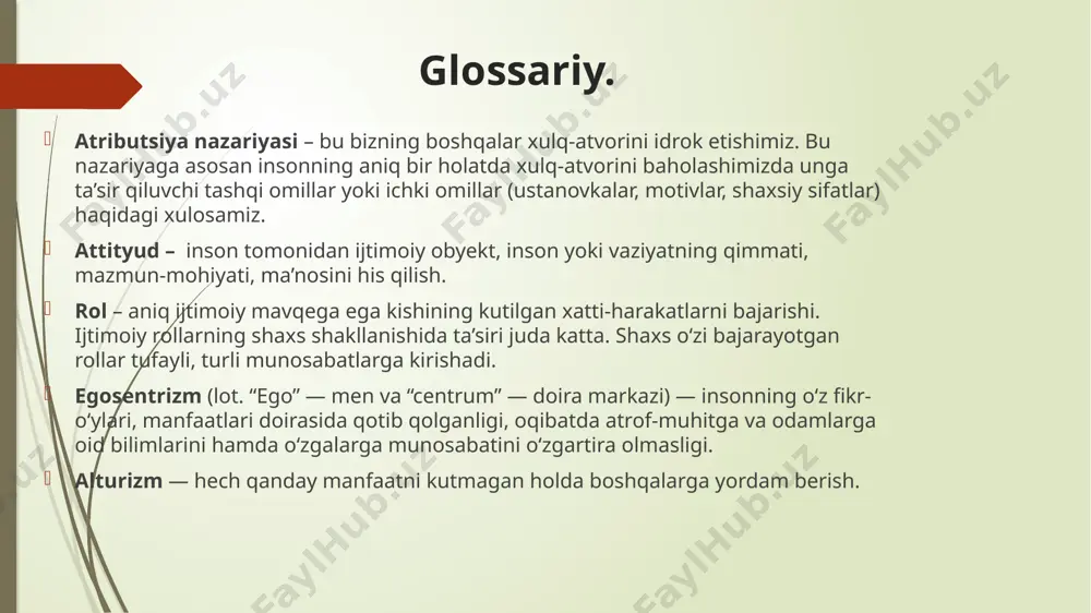 taqlid qilishimi? konformlik va guruhning ta’siri. konformlik- guruhdagi standartlarga tayangan holda fikirlarimiz va xatti-xarakatlarimizni boshqarishimiz. guruhning ta’siriga berilish, boshqa shaxslar ta’sirida o‘z xatti-harakatini o‘zgartirish, atrofdagilar bilan nizoga kirishmaslik uchun ongli ravishda ularga yon bosish. guruhdagi konformlik darajasini aniqlash maqsadda salamon ash (1955-yil) oddiy test o‘ylab topti. unga ko‘ra ishtirokchi mo‘jallangan joyga borib eng oxirgi ishtirokchi navbatini egalashi kerak. undan oldin 5ta ishtirokchi tadqiqotga kelgan bo‘ladi. tadqiqotchi ishtirokchilarga qog‘ozga chizilgan 3 ta to‘g‘ri chiziqni ko‘rsatib, ularning qay biri obrazetsga mos emasligini so‘radi. barcha ikkinchi chiziq mos emasligini aytishdi. ikkinchi so‘rovda ham shunga o‘xshash oddiy masala berildi, barcha ishtirokchilar to‘g‘ri javob berishdi, asosiy ishtirokchi masala oddiyligidan zerkib qolganini ko‘rishimiz mumkin. uchinchi so‘rov ham shunday oddiy masala edi, lekin birinchi ishtirokchini javob asosiy eksperiment ishtirokchisini hayratda qoldirdi: “uchinchi chizig‘” shu javob to‘g‘ri deb qatiy turib oldi. shaxsning altruistik xulqi haqida. alturizm qisqa va lo‘nda, aniq qilib aytilganda, hech qanday manfaatni kutmagan holda boshqalarga …