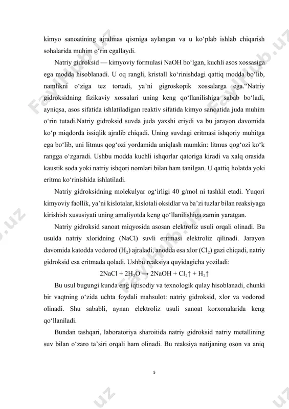 biridir. uning sanoatdagi asosiy manbai — elektroliz orqali olinadigan natriy xlorid eritmasidir. bunday usul arzon, samarali va bir vaqtning o‘zida bir nechta foydali mahsulot olish imkonini beradi.“natriy gidroksid nafaqat laboratoriyada, balki sanoatdagi ko‘plab jarayonlarda ham muhim rol o‘ynaydi, masalan, qog‘oz ishlab chiqarishda va neftni qayta ishlashda’’ natriy gidroksid sanoat va laboratoriya sharoitida turli usullar bilan olinadi. sanoatda eng keng tarqalgan usul bu natriy xlorid (osh tuzi) eritmasining suv bilan elektrolizidir. bu jarayon xlor-alkali usuli deb nomlanadi. elektroliz vaqtida natriy xloridning eritmasi orqali elektr toki o‘tkaziladi, natijada uchta asosiy mahsulot hosil bo‘ladi: natriy gidroksid (naoh), xlor gazi (cl₂) va vodorod (h₂). reaksiya quyidagicha amalga oshadi: 2nacl + 2h₂o → 2naoh + cl₂↑ + h₂↑ bu jarayonda katodda vodorod ajraladi, anodda esa xlor gazi hosil bo‘ladi. eritmada qolgan natriy va gidroksid ionlari esa birikib natriy gidroksidni hosil qiladi. ushbu elektroliz jarayoni uch xil usulda amalga oshirilishi mumkin: diafragmali usul, simobli usul va …