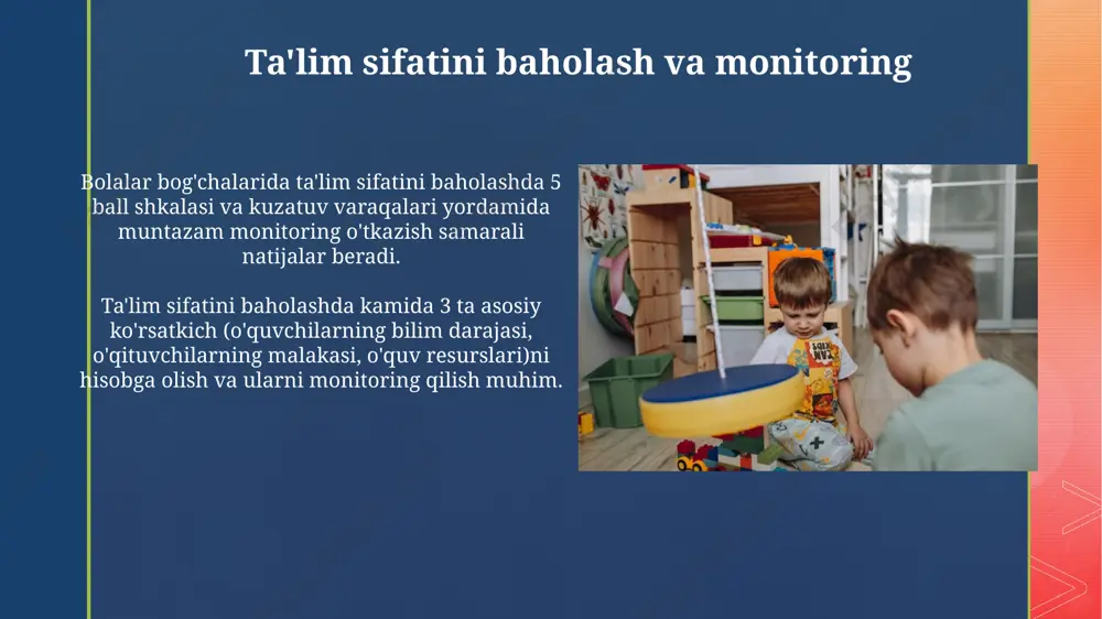 al xususiyatlarini yetarlicha hisobga olmaydi, bu esa o'quv jarayonining samaradorligini pasaytiradi. kadrlar yetishmasligi va malakasi kadrlar yetishmasligi, ayniqsa, logoped, psixolog va defektolog kabi mutaxassislarning 30% gacha etishmasligi ta'lim sifatiga salbiy ta'sir ko'rsatadi va bolalar rivojlanishiga xavf soladi. o'qituvchilarning malaka oshirish kurslarida ishtirok etish darajasi atigi 50% ni tashkil etib, zamonaviy pedagogik texnologiyalar va innovatsion usullarni qo'llash imkoniyatlarini cheklaydi. moddiy-texnik bazaning zaifligi kam sonli interaktiv o'quv vositalari (15% dan kam) bolalarning faol ishtirokini ta'minlashni qiyinlashtiradi va o'rganish jarayonini zerikarli va samarasiz qiladi, o'quv natijalarini pasaytiradi. moddiy-texnik bazaning zaifligi, o'quv jarayonida zamonaviy texnologiyalarni qo'llashni cheklab, 50% ga yaqin o'quv materiallarining yetishmasligiga olib keladi va bolalarning rivojlanishiga salbiy ta'sir ko'rsatadi. e'tiboringiz uchun rahmat @taqdimot_robot image4.jpg image5.jpg image6.jpg image7.jpg image8.jpg image9.jpg image10.jpg image11.jpg image12.jpg image13.jpg image14.jpg image2.png image3.png