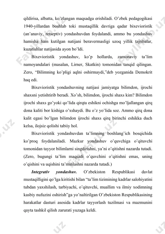 . integratsion ta’lim (ta’lim tizimida fanlararo aloqadorlikni nazarda tutishi) o’zbek pedagogikasi uchun qadimdan ma’lum; bunda, mohiyatan, haqli ravishda, olamning bir butunligi haqidagi falsafiy qarashga tayaniladi. jahon fanida ham dars jarayonini integratsiya asosida tashkil etish ta’lim oluvchining intellektual salohyatini kengaytirishga xizmat qila olishi aksioma darajasiga ko’tarilgan.[footnoteref:1] zero, sharq jahonga qomusiy olimlarni yetkazib bergan paytlarda (garchi, ta’lim olish uchun hozirgidek o’ta qulay shart-sharoitlar yaratilgan bo’lmasa-da) fanlar, asosan, mantiq, falsafa tarkibida bir- biridan ajratilmagan holda o’qitilardi. bu an’ana sharq ta’limida sovet tuzumi davrigacha ham davom etganligini dalillovchi jihatlar anchagina. chunonchi, abdulla qodiriyning “mehrobdan chayon” asarida shunday o’rin bor: [1: ashurbayeva r. ta’lim tizimida integrativ yondashuvdan foydalanish // buxdu ilmiy axboroti (issn 2181-6875). –buxoro, 2019, № 4 (75). ] аnvаrning yatimlik vа g’аribligigа yo’l qоldirmаsliq uchun mullа muhаmmаd rаjаbbеk o’g’lining sоdiq do’stigа o’z оtаlig’ini ko’rsаtmаkchi bo’ldi. аnvаr uch hаftаgаchахаtmi qur’оn kеchlаri muhаmmаd rаjаbbеk uyigа kеlib turаr edi. охirg’i хаtmi qur’оn kеchi muhаmmаd rаjаbbеk аnvаrdаn …