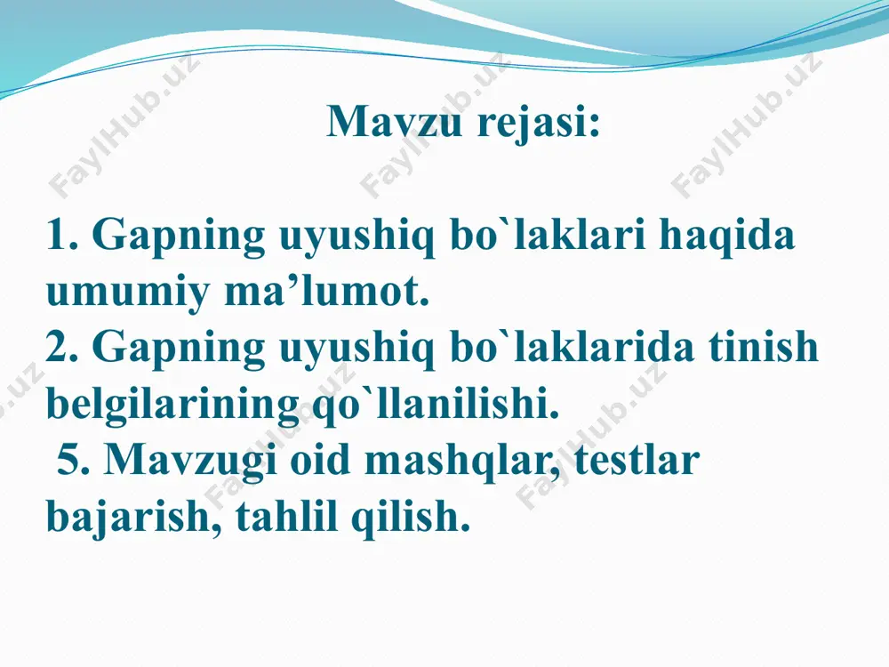ki ko`makchi bilan) kelsa va sanash ohangiga ega bo`lsa, bular uyushiq to`ldiruvchilardir: a) vositasiz to‘ldiruvchi: sovuq shamol yuzimni, qo‘llarimni yalaydi. b) vositali to‘ldiruvchi: men onam, otam va akam bilan xayrlashdim. gapda turli shakldagi to‘ldiruvchilarning kelishi uyushiq to‘ldiruvchi sanalmaydi: bu kitoblarni sizga sotib oldim. 4. aniqlovchi uyushadi. narsa-buyumning bir turdagi belgilarini bildirgan birdan ortiq aniqlovchilar uyushiq aniqlovchilar sanaladi: a) sifatlovchi aniqlovchi: yo‘lda oq, sariq, qizil gullar uchraydi. b) qaratqichli aniqlovchi: o‘rik, olma, teraklarning bargi sarg‘aydi. gapda ba’zan aniqlovchilar ketma-ket qo‘llanishi mumkin. bunda u narsa-buyumning turli jihatdan belgisini bildiradi va uyushiq sanalmaydi: katta qora sumka ko‘targan ayol xonaga kirib keldi. 5. hol uyushadi. bir xil mazmun munosabatni bildirgan bir necha hollarning o`zaro sanash ohangi yoki teng bog`lovchilar bilan birikib kelishi uyushiq holni tashkil etadi: a) vaziyat holi: u sekin va indamay chiqib ketdi. b) payt holi: bugun va ertaga men navbatchilik qilaman. d) o‘rin holi: tog‘larda va qirlarda lolalar ochilgan. e) sabab …