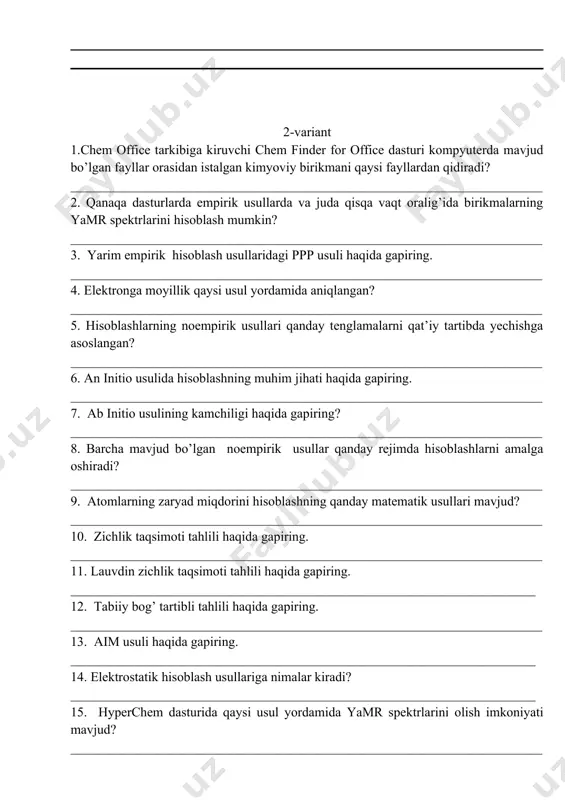 umkin? 40. gaussview dastur panelida carbon divalent ( d-d) amali orqali nimalarni asosiy oynaga chiqarish mumkin? _______________________________________________________________________41. gaussview dastur imkoniyatlari nimaladan iborat? 42. gaussview dasturida view>symbols amallarini bajarish orqali qanday natijaga erishiladi? _______________________________________________________________________43. tebranish chastotalari molekuladagi qaysi atomlarga tegishli ekanligini animatsiya shaklida ko’rish uchun qaysi buyruq bajariladi? _______________________________________________________________________44. gaussview dasturining ishchi oynasida ……>……amallari yordamida atomlar orasidagi masofa va zaryad taqsimoti joylashtiriladi? _______________________________________________________________________45. gaussview dasturi orqali asosan nimani tasvirlash imkoniga egamiz? 46. gaussview dasturida ctrl+d >background color amallari orqali nimani bajarish mumkin? _______________________________________________________________________47.gaussviewda kvant kimyoviy hisoblanganligini qaysi amallar orqali bilishimiz mumkin? 48. kvant kimyoviy hisoblanganligiga ishonch hosil qilgach view>results>charge disktrubtation amallari orqali qanday hisoblash natijalarini ko’rishimiz mumkin? 49.mulliken zaryadlarni qiymatini bilish uchun qanday amallardan foydalaniladi? 50. gaussview dasturida molekulning bog’ uzunligi qiymati qancha ekanligini bilish uchun qaysi amallardan foydalaniladi? 2-variant 1.chem office tarkibiga kiruvchi chem finder for office dasturi kompyuterda mavjud bo’lgan fayllar orasidan istalgan kimyoviy birikmani qaysi fayllardan qidiradi? _______________________________________________________________________ …