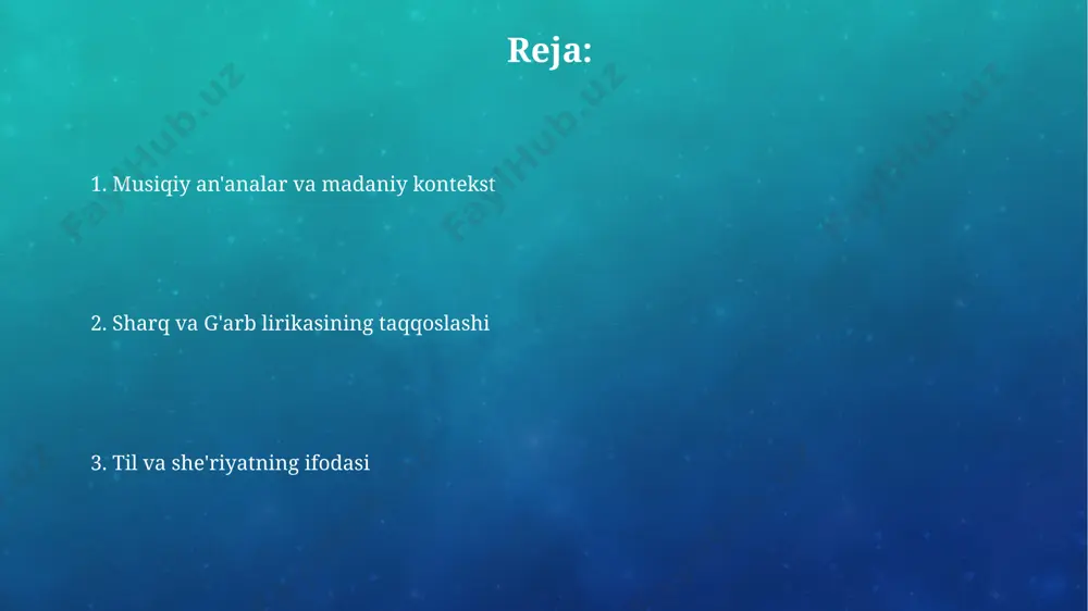 nish usullarida o'xshashliklar kuzatilgan. sharq va g'arb lirikasida tabiat tasvirlarining (taxminan 70%dan ortiq) universalligi, ayniqsa, daryo va tog'lar kabi elementlar orqali inson his-tuyg'ularining ifodalanishida ko'zga tashlanadi; bu butun dunyo bo'ylab umumiydir. sharq va g'arb lirikasining zamonaviy holati soʻnggi 15 yil ichida oʻzbekiston, eron va aqsh kabi mamlakatlardagi lirika milliy anʼanalarni zamonaviy ovozlar bilan uygʻunlashtirish yoʻlida sezilarli taraqqiyot koʻrsatdi. raqamli platformalar orqali 10 millionlab tinglovchilarga yetib borayotgan zamonaviy sharq va gʻarb lirikchilari, ijodkorlikda yangi texnologiyalar va ijtimoiy media vositalaridan samarali foydalanmoqdalar. sharq lirikasining o'ziga xos xususiyatlari o'rta osiyo va yaqin sharq she'riyatida, taxminan 1000 yildan ortiq davrda, ruhiy tajriba va ma'naviy izlanishlarni tasvirlashda ramziy tillardan keng foydalanilgan. sharq lirikasining ko'pgina asarlari, masalan, 12-asrda xorazmda yozilgan she'rlar, muhabbat, tabiat va mistik mavzularni 7-8 baytlik g'azal shaklida ifoda etadi. she'riy shakllar va uslublarning farqi sharqiy she'riyatda, misol uchun, arabiston yarim orolidagi an'anaviy she'rlarda, takrorlanishlar va metaforalar ko'p qo'llanilgan, g'arb she'riyatida, 20-asr amerikada esa, …