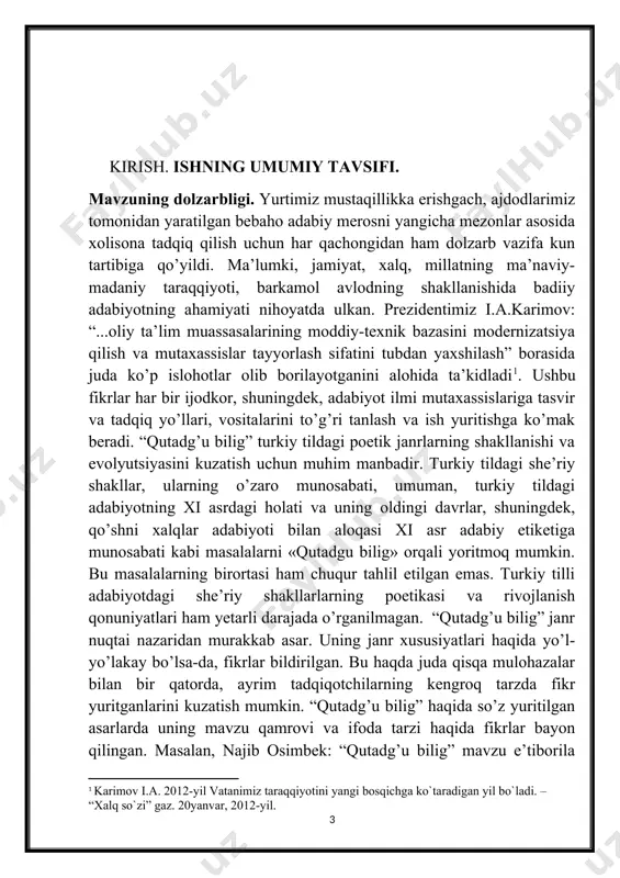 na shunday, ammo unda bir necha (qasida, to’rtlik, masnaviy) janrlarning aralash holda qollanganini qanday izohlash kerak? bu hodisaning real asoslari nimadan iborat? bu masalaning hal etilishi, umuman, xi asrdagi turkiy adabiyot muammolari nuqtai nazaridan katta ahamiyatga egа. ma’lumki, janr – tarixiy kategoriya. u so’z san’atining ma’lum taraqqiyot bosqichida yuzaga keladi va doimo o’zgarib, takomillashib, har bir davr talab va ruhiga moslashib boradi[footnoteref:6]. shuning uchun ularning keyingi davrlardagi namunalari bilan dastlabki shakli o’rtasida ma’lum tafovutlar bo’lishi tabiiydir. bir asar doirasida turli janrlarning yoki janr belgilarining bo’lishi ham so’z san’ati tarixida yagona hodisa emas. jumladan, qadimgi rus adabiyotida ham bu hodisa kuzatiladi. janrlararo bunday aloqa va xususiyatlar o’rta asrlar adabiyotlarida tipologik xarakterga ega. janrlarning ba’zilari kelib chiqishi, shakllanishiga ko’ra bir ildizga borib taqaladi. so’z san’atining ma’lum bosqichdagi taraqqiyoti natijasida janrlar o’rtasidagi ayirmalar yo kuchayib ketadi va yangi janrlar yuzaga kela boshlaydi yoki ayrim janrlar o’zaro “kelishib olib” yangisini yuzaga keltiradi; bu hodisa …