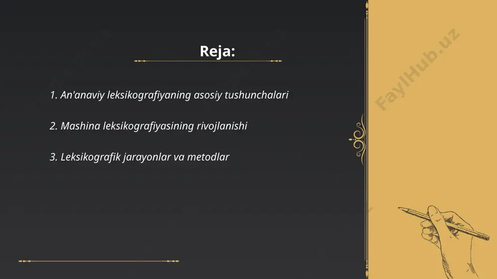i tegishli tartibda joylashtirish hamda foydalanuvchilarga qulay shaklda taqdim etishni o‘z ichiga oladi. zamonaviy leksikografiyada korpus lingvistika, kompyuter texnologiyalari va statistik usullar keng qo‘llaniladi. ommabop metodlardan biri ma’lumotlar bazalari orqali so‘zlarni tasniflashdir. shuningdek, foydalanuvchi tahlillari yordamida lug‘atlar samaradorligini oshirish ishlari amalga oshiriladi. aqlli algoritmlar va avtomatlashtirilgan dasturlar bir nechta lug‘at versiyalarini tez va sifatli yaratishga imkon beradi. ... t.me/slaydai_bot an'anaviy lug'at turlari asosan quyidagi guruhlarga bo'linadi: umumiy va maxsus lug'atlar. umumiy lug'atlar barcha sohalarni qamrab olib, keng tarqalgan so'zlar va ularning ma'nolarini tushuntiradi. maxsus lug'atlar esa ma'lum bir mavzu yoki soha uchun mo'ljallangan bo'lib, texnik, ilmiy va professional so'zlarni o'z ichiga oladi. boshqaruvli lug'atlar yangi so'zlarning paydo bo'lishi bilan doimiy ravishda yangilanib turadi. tarjima lug'atlari ikki yoki undan ortiq tillar o'rtasidagi tarjimani ta'minlaydi. e'tiborga moyillik lug'atlardan mashhur "o'zbek tilining izohli lug'ati" va "anglo-ruscha lug'at"ni sanash mumkin, ular ko'plab foydalanuvchilar uchun asosiy manba hisoblanadi. ... t.me/slaydai_bot elektron lug'atlar zamonaviy texnologiyalar asosida …