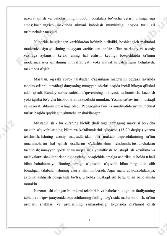 , amaliy; frontal va individual. turli xil nazorat turlari mavjud: a) grafik testlar mustaqil nazorat turi yoki yozma ishning ajralmas qismi sifatida talabaning o'rganilayotgan ob'ektdagi muayyan munosabatlarni, munosabatlarni yoki ularning kombinatsiyasini aks ettiruvchi umumlashtirilgan vizual modelni tuzish qobiliyatini aniqlashga qaratilgan; b) amaliy (texnik) testlar talabaning muayyan tadqiqotlar, laboratoriya tajribalari, o‘lchovlar o‘tkazish va h.k. ko‘nikma va malakalarini aniqlash maqsadida o‘tkaziladi; v) maktabda kompyuter o'qitishning joriy etilishi bilan dasturlashtirilgan so'rov boshqaruv tizimida ma'lum o'rin egalladi, uning mohiyati barcha o'quvchilarga standart talablarni taqdim etishdan iborat. nazorat ishlarini baholash tasdiqlangan standartlarga muvofiq amalga oshiriladi. qoida tariqasida, nazorat ishi belgi bilan baholanadi. yozma so'rov uchun ishlarning mazmuni o'zgaruvchan (bir darajali yoki ko'p darajali) bo'lishi mumkin. ko'p darajali ish jiddiy dastlabki tayyorgarlikni talab qiladi. test topshiriqlari ham muvaffaqiyatni tekshirishning standartlashtirilgan usullariga tegishli. ular, eng avvalo, o‘quvchining muayyan fan bo‘yicha erishgan yutuqlari darajasini aniq miqdoriy tavsiflash bilan birga, umumiy rivojlanish darajasini ham ochib bera olishi bilan e’tiborni …