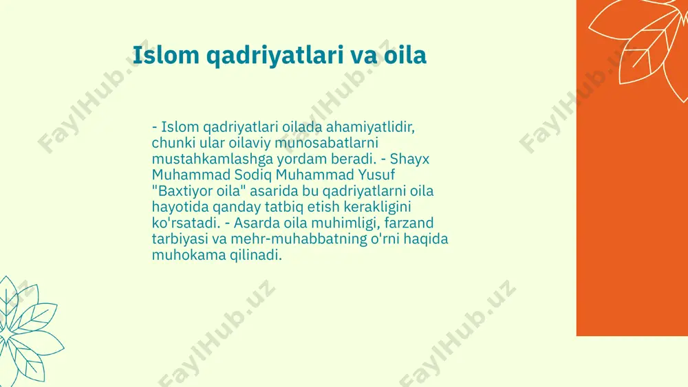 ida, mehr-muhabbat va sabr-toqatga tayangan holda rivojlanishi zarur. asar, shuningdek, muammolarni bartaraf etishda islomiy ko'rsatmalarni qanday qo'llash mumkinligini ko'rsatadi. photo by justin kauffman on unsplash islomiy qadriyatlar va oila islomda oila tushunchasi, oilaning muhimligi va uning ruhiy ahamiyati haqida gapiradi. oila, islomda birinchi o'rinda turadi va oilaning barqarorligi va baxti, jamiyatning barqarorligi va tinchligini ta'minlaydi. oila va islomiy qadriyatlar o'rtasidagi bog'lanish kuchli. islom, oila a'zolarining bir-biriga bo'lgan hurmatini, mehr-muhabbatini va qo'llab-quvvatlashini ta'kidlaydi. bu qadriyatlar, oilaning barqaror va baxtli bo'lishiga yordam beradi. oila muqaddasligi, islomda eng muhim qadriyatlardan biridir. oila, jamiyatda tarbiya va axloqiy qadriyatlarni shakllantiradi. oila ahamiyatini oshirish, jamiyatning umumiy farovonligini ta'minlaydi. photo by marissa price on unsplash 1 2 3 baxtli oila uchun asosiy qadriyatlar o'zaro hurmat va sevgi oila a'zolari o'rtasida hurmat va sevgi muhitini yaratadi. bu qadriyatlar bir-birini tushunishga yordam beradi. sabr va shukr qilish sabr va shukr, oila ichidagi muammolarni hal qilishda juda muhim. har bir …