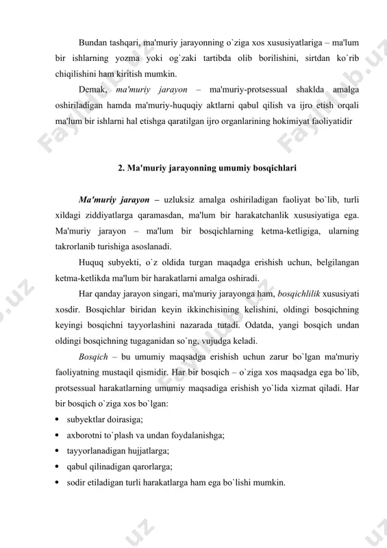 aktni ijro etish. ma'muriy jarayon bosqichlarini yanada aniqlashtirish ham mumkin. masalan, davlat boshqaruvini amalga oshirish jarayonida davlat organlari o`z faoliyatlarini quyidagi bosqichlarda: · vujudga kelgan yoki hal qilinishi lozim bo`lgan muammoni aniqlash; · mazkur muammoni hal etishning rejasini ishlab chiqish va tasdiqlash; · uni atroflicha o`rganish va obyektiv baho berish; · asoslantirilgan qarorlarni qabul qilish; · qarorni ijro etish yoki ijrosini tashkil etish va ta'minlash; · qaror ijrosi ustidan nazoratni amalga oshirish; · qaror ijro etilganligi to`g`risidagi hisobotni talab qilish bosqichlarida amalga oshiradilar. birinchi bosqich – turlicha nomlangan bo`lishi mumkin (masalan, xizmat tekshiruvi, ro`yxatga olish, berilgan shikoyatlarni tekshirish va h.k.lar), lekin barcha holatlarda ham bu bosqich – zarur bo`lgan axborotlarni to`plash, ularni rasmiylashtirish va baholashdan iborat bo`ladi. ma'muriy faoliyatning bunday boshlang`ich harakatlarisiz, biron bir qarorni qabul qilib bo`lmaydi. jarayonning birinchi bosqichi – ma'lum bir qarorlarni (masalan, tasdiqlash, rag`batlantirish, jazo qo`llash) qabul qilishda zarur bo`lgan harakatlar yig`indisi bo`lib hisoblanadi. bunda – …