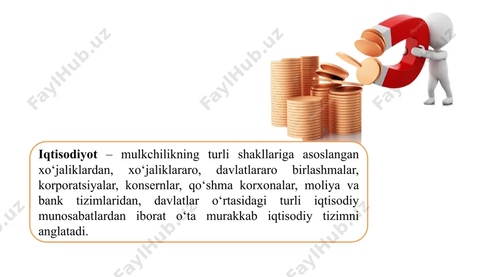 g‘a surdilar. ularning vakili bo‘lgan f.kene mashhur «iqtisodiy jadval» asarini (1758) yozdi va unda fiziokratizm maktabi asoslarini yaratdi. uning nazariy va siyosiy dasturini ta’riflab berdi. keyinchalik iqtisodiyot fanining klassik maktabi namoyandalari bo‘lmish a.smit, u.petti, d.rikardo kabi atoqli iqtisodchi olimlar boylik faqatgina qishloq xo‘jaligidagina emas, balki shu bilan birga sanoat, transport, qurilish va boshqa xizmat ko‘rsatish sohalarida ham yaratilishini isbotlab berdilar va hamma boylikning onasi yer, otasi mehnat, degan qat’iy ilmiy xulosaga keldilar. shuni aytish kerakki, a.smitning «ko‘rinmas qo‘l» prinsipi hozirgi kunda juda ko‘p tilga olinmoqda. u o‘zining «xalqlar boyligining tabiati va sabablari to‘g‘risida tadqiqot» (1776) degan kitobida insonni faollashtiradigan asosiy rag‘bat xususiy manfaatdir deb ko‘rsatadi. adam smit david rikardo uilyam petti ulardan keyin marksizm deb nomlangan nazariy yo‘nalish o‘zlarining nazariyasida jamiyat taraqqiyotiga tabiiy-tarixiy jarayon deb qarab, ijtimoiy-iqtisodiy formatsiyalar, ularning iqtisodiy tuzumi, tarkibiy qismlari, vujudga kelish, rivojlanish va boshqasi bilan almashish sabablari to‘g‘risidagi ta’limotni hamda qo‘shimcha qiymat nazariyasini yaratdilar. iqtisodiyot nazariyasining …