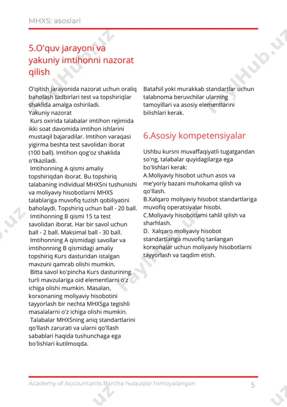 lama yozuv 3 3 moliyaviy hisobot tayyorlanishi va taqdim qilinishi uchun konseptual asos 3 4 moliyaviy hisobot taqdim qilish moliyaviy holat hisoboti 3 5 buxgalteriya hisobi va pulning vaqt qiymati (diskontlash) 3 2 bo’lim: daromad 6 mijozlar bilan tuzilgan shartnomalar bo'yicha daromadlar 4 3 bo’lim: аktivlar hisobi 7 mhxsda aktivlar hisobi 1 8 naqd pul va debitorlik qarzlari 3 9 valyura kurslari o’zgarishining ta’siri 3 10 zaxiralar 3 11 asosiy vositalar 5 12 qarz olish xarajatlari 3 academy of accountants barcha huquqlar himoyalangan mhxs: asoslari 13 ijara 5 14 nomoddiy aktivlar 3 15 sotish uchun mo’jallangan uzoq muddatli aktivlar va to’xtatilgan faoliyat (asosiy jihatlar) 2 16 investitsiya mulki 2 4 bo’lim: majburiyatlar hisobi 17 mhxsda majburiyatlar hisobi 1 18 qisqa muddatli majburiyatlar 3 19 uzoq muddatli majburiyatlar 3 20 foyda solig’i 3 5 bo’lim: moliyaviy hisobotlar 21 foyda va zararlar hisoboti va boshqa daromadlar hisoboti 3 22 mhxs hisobotida xususiy …