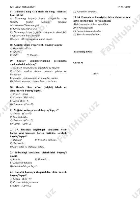 avishda formatlash buyrug’i qaysi? a) granitsi i zalivka b) spisok... c) stil d) avtoformat.. 14. 100. animatsiya o‘rnatish buyrug‘i qaysi menyu yordamida amlga oshiriladi? a) vstavka menyusi. b) format menyusi. c) pokaz slaydov menyusi. d) vid menyusi. 15. kompyuter (virus bilan) zararlanganda nimalar yuz beradi? a) barcha javoblar to’g’ri b) ekranda turli simvollar chiqa boshlaydi c) kompyuter ishlashi sekinlashadi, fayllar buziladi yoki fayllarning hajmi ortadi, operativ xotiraning bo’sh joyi qisqaradi d) ba‘zi bir dasturlar ishlamaydi yoki yomon ishlay boshlaydi 16. 99. power point dasturida film va ovoz o‘rnatish qaysi menyu yordamida amalga oshiriladi? a) vstavka menyusi. b) pravka menyusi c) vid menyusi. d) fayl menyusi. 17. windows ning «ish stoli» da yangi «papka» hosil qilish? a) ekranning ixtiyoriy joyida sichqoncha o’ng klavishi bosilib, ochilgan oynadan «sozdat→papka» orqali b) barcha javoblar to’g’ri c) ekranning ixtiyoriy joyida sichqoncha (kontekst) o’ng klavishini bosish orqali d) pusk →vse programmi bandi orqali 18. xujjatni stilini …