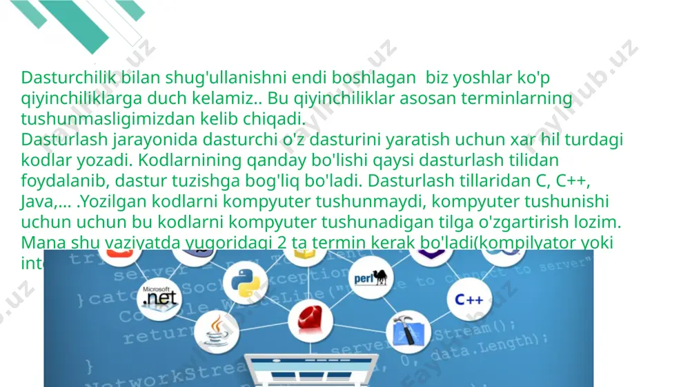 o'rinib turibdiki, interpretator asosan saytlar, umumiy holda veb dasturlashda ishlatiladi. biror saytning yuklanishi jarayni uzunligi, interpretatorda o'zgartirish amalga oshirilishi bilan tushuntirilishi mumkin. interpretator ishlatadigan dasturlash tillariga php, javascript, jscript, basic,… misol bo'la oladi. part 03 10 translyatorlar (tarjimonlar) bir tilda yozilgan matnni boshqa tilga o‘giradilar. translyatorlarning quyidagi ko‘rinishlarini ajratib ko‘rsatish mumkin: kompilyatorlar: kirishida yuqori daraja tilida yozilgan dastur matni, chiqishida mashina kodlaridagi aloqa redaktoriga yoki yuklovchiga uzatiladigan dastur. interpretatorlar: funktsiyalar boʼlinmaydilar, balki moslashtiriladilar. interpretator tarjimani va bajarilishni qatorlab va kooperativ bajaradi. ulardan yozilgan dasturni dialog asosida qayta ishlashda foydalanish qulay. ba'zi interpretatorlar o'zining vazifasini bajarish bilan birga kompilyator vazifasini ham bajarishi mumkin. ya'ni, bir vaqtda ikkita ishni qilishi mumkin. — interpretator orqali erishilgan natijaga, kompilyator orqali ham erishish mumkin. kompilyator orqali erishilgan natijaga, interpretator orqali ham erishish mumkin afzalliklari va kamchiliklari. — kompilatsiya jarayoni interpretatsiyaga nisbatan tezroq kechadi, chunki u tog'ridan-tog'ri mashina tiliga o'giriladi. — interpretatorlari yaratish onsonroq, chunki yaxshi …