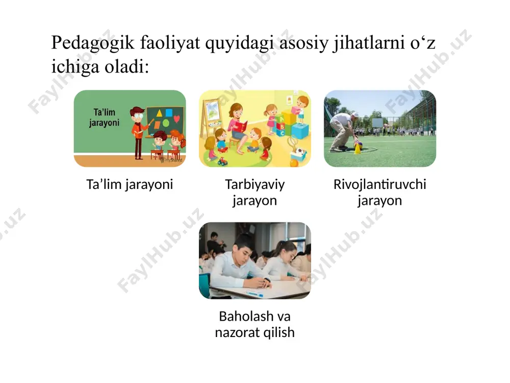 ralab olish va sportda bo‘ladigan yo‘nalishlarini aniqlash. quyidagilar murabbiylik faoliyatining asosiy vazifalari hisoblanadi: sportchilarni turli sport musobaqalari va ommaviy jismoniy tarbiya tadbirlarida qatnashish uchun tayyorlash jismoniy tarbiya va sport bilan shug‘ullanuvchilarni, sport bo‘yicha tayyorlash va sog‘lomlashtirishda, o‘quv mashq mashg‘ulotlari jarayoniga ilg‘or ilmiy usullarni joriy qilish jismoniy tarbiya va sport bilan shug‘ullanuvchilarning bilim, qobiliyat va ko‘nikmasi sifatini, jismoniy rivojlanganligi va tayyorgarliklari darajasi ustidan nazoratni amalga oshirish; olib borilayotgan mashg‘ulotlarning xavfsizligini ta’minlash va sanitariya normalari, qoidalari va gigiyena normativlari talablariga rioya qilish jismoniy tarbiya va sport bilash shug‘ullanuvchilar tomonidan turli xil doping va ta’qiqlangan vositalarni qo‘llanilishiga yo‘l qo‘ymaslikka ko‘maklashish murabbiylik faoliyatini amalga oshiruvchi insonlar quyidagi huquqlarga ega: o‘zbekiston respublikasi hududida murabbiylik faoliyatini amalga oshirish tayyorlash, qayta tayyorlash va malaka oshirish kurslarini o‘tash sport musobaqalari, ommaviy jismoniy tarbiya va jismoniy tarbiya sog‘lomlashtirish tadbirlari, anjumanlar, seminarlar, kurslar va yig‘inlarda ishtirok etish; navbatdagi malakaviy murabbiylik toifasini olish pedagogik faoliyat usullari va vositalari bu o‘qituvchi va …