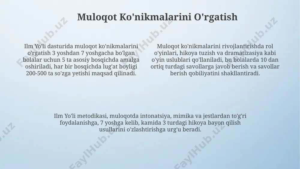 li dasturi ushbu muammolarni oldini olishga qaratilgan maxsus mashgʻulotlarni oʻz ichiga oladi. ilm yo'li dasturi 5 ta asosiy ijtimoiy-emotsional kompetensiyani – empatiya, hamkorlik, oʻz-oʻzini anglash, muammolarni hal qilish va oʻzini ifodalashni rivojlantirishga qaratilgan. ota-ona bilan hamkorlik ilm yo'li dasturi doirasida ota-onalarga bolaning o'quv jarayoniga oid elektron hisobotlar, tahliliy ma'lumotlar va individual tavsiyalar taqdim etiladi, bu esa 100% o'zaro hamkorlikni ta'minlashga yordam beradi. bolani maktabga tayyorlash jarayonida ota-onalarning faol ishtiroki, masalan, uy vazifalarini bajarishda 30 daqiqalik yordam ko'rsatish, muvaffaqiyatli natijalarga erishishda muhim omil hisoblanadi. ota-onalar bilan muntazam, kamida oyiga 2 marta uchrashuvlar o'tkazish va bolaning rivojlanishi, ilm yo'li dasturiga moslashishi bo'yicha 5 ta asosiy ko'rsatkichni kuzatish nazarda tutiladi. bolani maktabga tayyorlashning bosqichlari maktabga tayyorgarlikning muhim jihati - ijtimoiylashuv; ilm yo'li dasturiga ko'ra, bolalar guruhlarda ishlashni o'rganib, kamida 5 ta yangi do'st orttirishlari va o'z fikrlarini ifoda etishlari kerak. bolani maktabga tayyorlashning dastlabki 3 bosqichi, ilm yo'li dasturiga ko'ra, o'yinlar orqali nutq …