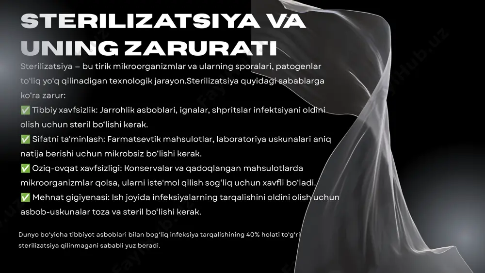 amarali tarzda zararsizlantiradi. ular avtomatik nazorat tizimi bilan jihozlangan bo‘lib, harorat, bosim va sterilizatsiya vaqtini aniq boshqaradi. dori vositalari va ularning qadoqlari (ampula, flakon) sterilizatsiyasi.tibbiy shisha idishlar va rezina qopqoqlarning zararsizlantirilishi.laboratoriyadagi tajriba vositalarining mikroorganizmlardan tozaligi. farmatsevtika sanoati jarrohlik asboblari, shpritslar, ignalar va implantlar sterilizatsiyasi.stomatologiya va laboratoriya jihozlarini mikrobsiz saqlash.kasalxonalar va poliklinikalarda infeksiyani oldini olish. tibbiyot konservalar, ichimliklar va qadoqlangan mahsulotlarning mikroblardan tozalanishi.bankalar, shisha idishlar va metall qopqoqlarni issiqlik bilan ishlov berish.mikrobiologik ifloslanish xavfini kamaytirish orqali mahsulot saqlovchanligini oshirish. oziq-ovqat sanoati qo‘llaniladigan asosiy sohalar mikrobiologik madaniyatlar bilan ishlashdan oldin va keyin uskunalarni sterilizatsiya qilish.tajriba idishlari, petri idishlari va pipetkalarni xavfsiz holga keltirish. ilmiy-tadqiqot va laboratoriyalar chuqurlik kameralarining asosiy qismlari metallik yopiq korpus (tankturi) ichki qizituvchi elementlar yoki bug‘ generatori. harorat va bosim sensorlari. avtomatik eshiklar yoki qulflash mexanizmlari. bug‘ni chiqarish va havo ventilyatsiyasi tizimi e’tiboringiz uchun raxmat ! image1.png image2.svg image3.png image4.png image5.png image6.png image7.png image8.png image9.png image10.jpeg image11.png image12.png image13.jpeg …