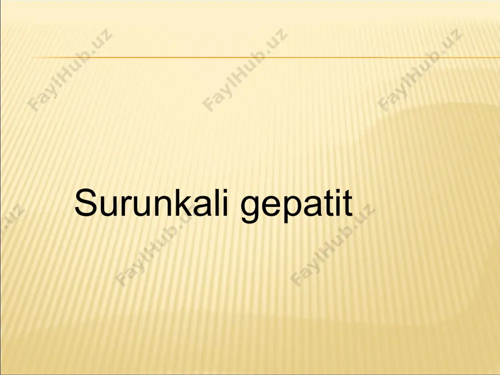 bemaza bo’lishi, najasning beqarorlashishi - qabziyat, goxida ich ketishi. 4 jigar yetishmovchiligi belgilari – qon ketish, sariqlik, astsit, ensefalopatiya surunkali gepatitning «reaktiv turida» oqsil, vitamin yetishmovchiligi va disproteinemiya natijasida jigarda oraliq modda almashinuvi buziladi.xolestatik gepatit patogenezi asosida birlamchi o’t ajralishining tutilishi, o’t dimlanishi yotadi etiologiyasi bo’yicha *viruslar a, b, c, d, ye *alkogol' *toksik moddalar *ovqat hazm qilish organlari kasalliklari *turli dorilar– tuberkulezga qarshi preparatlar, antibiotiklarni uzoq qo’llaganda persistirlovchi gepatit-minimal faollikdagi gepatit faol gepatit autoimmun (lyupoid) gepatit xolestatik gepatit qo’zish remissiya anamnezi klinik ko’rinishi laborator-instrumental tekshiruvlar (echtning oshishi, leyko- va trombotsitopeniya, gipergammaglobulinemiya, alt va astning, bilirubinning oshishi, disproteinemiya) jigar bioptatini gistologik tekshirish natijalari o’tkir gepatit birlamchi biliar sirroz uilson-konovalov kasalligi birlamchi sklerozlovchi xolangit qo’zish davrida gospitalizatsiya qilish 5-dieta stoli – qovurilgan, o’tkir oziqlarni kiritmaslik spazmalitiklar – noshpa, platifillin gepatoprotektorlar – essensiale, karsil, vitaminlar profilaktikasi - virusli o’tkir gepatitning oldini olish, alkogol iste'moliga chek qo’yish, o’tkir gepatitni sifatli davolash, turmushda va …