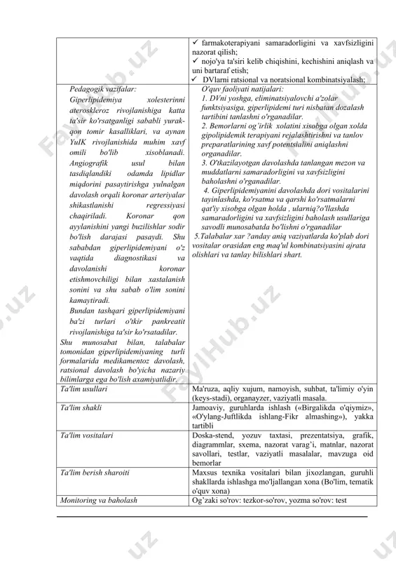 larini ekspertli baholashni tuzib chiqish va uni himoyalash · keyingi xolatlarini hisobga olib tematik bemorlar farmakoterapiyasini muxokama qilish: · o'tkazilgan farmakoterapiyaning mazkur patologiyani davolash standartiga mosligini aniqlash; · ta'sir etuvchi omillarni va patologik jarayonni og’irligini hisobga olib dvni tanlash va tayinlashga individual yondoshish; · dozalarni rejimlash va izohlash; · farmakoterapiyani samaradorligini va xavfsizligini nazorat qilish; · nojo'ya ta'siri kelib chiqishini, kechishini aniqlash va uni bartaraf etish; · dvlarni ratsional va noratsional kombinatsiyalash; pedagogik vazifalar: giperlipidemiya xolesterinni ateroskleroz rivojlanishiga katta ta'sir ko'rsatganligi sababli yurak-qon tomir kasalliklari, va aynan yuik rivojlanishida muhim xavf omili bo'lib xisoblanadi. angiografik usul bilan tasdiqlandiki odamda lipidlar miqdorini pasaytirishga yulnalgan davolash orqali koronar arteriyalar shikastlanishi regressiyasi chaqiriladi. koronar qon ayylanishini yangi buzilishlar sodir bo'lish darajasi pasaydi. shu sababdan giperlipidemiyani o'z vaqtida diagnostikasi va davolanishi koronar etishmovchiligi bilan xastalanish sonini va shu sabab o'lim sonini kamaytiradi. bundan tashqari giperlipidemiyani ba'zi turlari o'tkir pankreatit rivojlanishiga ta'sir ko'rsatadilar. shu munosabat …