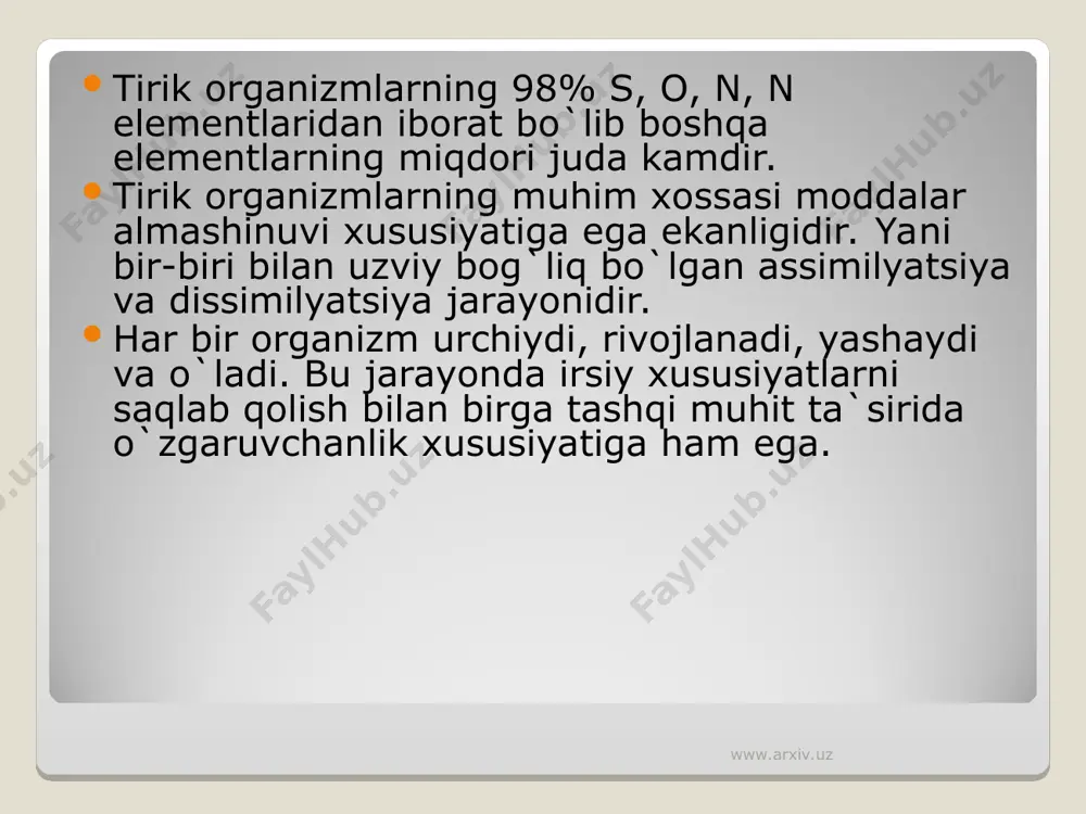 ona hamkor sistema bunyod etadi. bu sistema yaratuvchilar, iste`molchilar, organik moddalarni parchalovchilar hamda muhitning qisman tirik bo`lmagan tarkibiy qismlarini o`z ichiga oladi. tarkibiy qismlar orasidagi munosabat va shu jarayonda insonning o`rni muhim ahamiyatga egadir. www.arxiv.uz www.arxiv.uz biologiya fani bo`lg`usi agronom, selektsionerlarning shakllanishida dunyoqarashidagi ilmiy-tabiiy biri hisoblanadi. zamonaviy biologiya bir tomondan xayot faoliyatining fizik-ximiyaviy asoslari va sistemali mexanizmlarni anglatuvchi bilimlarining tez rivojlanayotganligi bilan ifodalansa, ikkinchi tomondan biologiyaning sotsial mohiyati ortishi, ya`ni biologiyaning jamiyat xayoti hamda uning o`rganish ob`yekti hisoblanishi bilan uzviy bog`liqligi ortib bormoqda. www.arxiv.uz www.arxiv.uz mavjudotlar guruhi orasida o`zaro o`xshashlik va farqlar bo`lishidan qat`iy nazar ular, ya`ni barcha tirik mavjudotlar o`z tiriklik darajasiga egadir. har bir organizmning tarkibi kimyoviy modda birikmalaridan iborat. shu moddalar organizmning eng sodda tashkiliy darajasi hujayraning asosini tashkil etadi. hujayralar o`z navbatida organizm uchun xos bo`lgan a`zo va to`qimalarni, ularning o`zaro murakkab munosabati bir butun yaxlit organizmni hosil qiladi. tirik mavjudot tuzilmalarining bir tartibda ekanligi haqidagi …