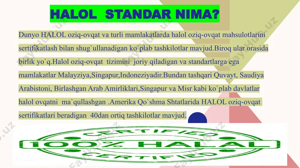 h bo'yicha umumiy qo'llanma >>ts oic / smiic 2 halol sertifikatlash bo`yicha qo`llanma >>ts oic / smiic 3 akkreditatsiya agentligi ko`rsatmalari halol sertifikatlash organlarini akkreditatsiya qilish, halol oziq-ovqat standartlari oziq-ovqat mahsulotlarini ishlab chiqarishda halol va harom g`oyalarga asoslanadi.ushbu standartlar quyidagilarga e`tibor qaratadi: >>halol oziq-ovqat nafaqat islom dinining talablariga javob beradi , balki gigiyena va gigiyena masalalariga ham ahamiyat beradi >>o`z navbatida, harom oziq-ovqat islom dinining buyruqlariga bo`sunmaydi, balki gigiyena va gigiyena masalalariga ham e`tibor bermaydi .>>halol oziq-ovqat mahsulotlarini iste`mol qilishga ruxsat beriladi , qur`on va hadisda taqiqlanmagan oziq-ovqat mahsulotlari haloldir. >> harom taom – dinimizda taqiqlangan .ushbu ovqatlarni iste`mol qilish taqiqlangan va gunohdir. ,,halol” muvofiqlik sertifikati “ 6 halol oziq-ovqat sertifikatiga oid talabnomalar uchun qanday hujjatlar kerak? 7 musulmonlar uchun halol bo'lmagan ovqatlar; o'lgan hayvonlarning go'shti cho'chqa va cho'chqadan har qanday oziq-ovqat va qo'shimchalar hayvondan yoki qon ivishidan qon butlarga qurbon qilingan hayvonlarning go'shti va ozuqasi spirtli ichimliklar va giyohvand …