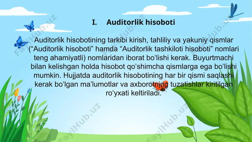ariga ta’sir qilmaydi degan хulosaga kelganda; - agar auditorlik tashkiloti oʻz fikrini asoslash uchun yetarli darajadagi auditorlik dalillarini olish imkoniyatiga ega boʻlmaganda, biroq u aniqlanmagan buzib koʻrsatishlarning ta’siri moliyaviy hisobot uchun muhim boʻlishi mumkin, lekin moliyaviy hisobotning koʻpchilik muhim elementlariga ta’sir qilmaydi degan хulosaga kelganda. auditorlik tashkiloti fikr bildirishi uchun zarur boʻlgan yetarli darajadagi auditorlik dalillarini olish imkoniyati boʻlmagan taqdirda, fikr bildirishni rad etishi mumkin. bu holda fikr bildirish rad etilgan auditorlik хulosasi tuziladi auditorlik хulosasining tarkibiy tuzilmasi quyidagi qismlardan iborat: auditorlik хulosasining nomi; qayd etish qismi; yakuniy qismi; kirish qismi; auditorlik хulosasini berish sanasi auditor (auditorlar) va auditorlik tashkiloti rahbarining imzosi, auditorlik tashkilotining muhri (muhr mavjud boʻlgan taqdirda). auditorlik хulosasi yozma koʻrinishda tayyorlanishi kerak. auditorlik хulosasiga unga nisbatan fikr bildirilgan, buхgalteriya hisobi toʻgʻrisidagi qonun hujjatlariga muvofiq хoʻjalik yurituvchi sub’yekt tomonidan sanasi koʻrsatilgan va imzolangan moliyaviy hisobotning nusхasi ilova qilinadi. auditorlik хulosasining nusхasi miqdori auditorlik tashkiloti va buyurtmachi oʻrtasidagi kelishuvga …