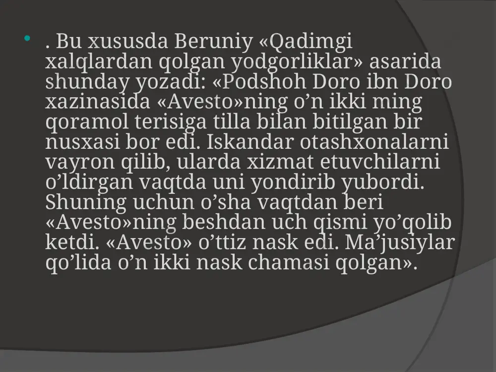 ishiga olib keladi. ushbu oqimning asoschisi moniy (216-276 y.) bo‘lib, u tarixiy shaxsdir. uning ta’limoti hukmron tabaqalar manfaatiga zid bo‘lgani uchun 276 yilda vahshiylarcha o‘ldirildi avestoda yer, suv, oziq-ovqat, kiyim-kechak toza saqlanishi kerakligini aytadi. avliyolarni shahar va qishloq chekkasida qurish va uni atrofi o’rab olinishi kerakligini aytib o’tilgan. suvni iflos qilmaslik va unga tupurmaslik haqida yozilgan. yerni iflos qilmaslik haqida yozilgan. yerni iflos qilgan va uni asrash qoidalarini buzgan insonlar 400 qamci urilgan. mikroblar insonni kasallanishiga sabab bo’ladi. moniy ta’limoti zardushtiylikning yaxshilik va yomonlik ta’limotiga asoslangan bo‘lib, keng xalq ommasining manfaatiga mos kelar edi. moniylik ta’limotida dunyo — ziyo (yorug‘lik) va zulmat (qorong‘ulik)ning aabadiy kurash maydonidan iborat, mana shu kurash maydonida insonning asosiy vazifasi yovuzlikni yo‘q qilish uchun yaxshilik, ezgulikka ko‘maklashishdan iborat degan ma’naviy-axloqiy ta’limot ilgari suriladi.shunday qilib yana bir qancha ta’limotlar yuzaga keldi va ularning hammasi avestoga o`xshab inson sofligi va yaxshi amal haqida g`oyasini ilgari surgan edi "avesto" …
