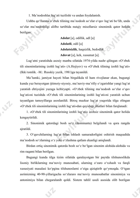unoslarni o‘ziga qiziqtirib qo‘ymoqda. o‘tgan asrimizning 40-90-yillarigacha so‘zlararo ma‘noviy munosabatlar sinonimiya va antonimiya bilan chegaralanib qoldi. sistem tahlil usuli asosida olib borilgan keyingi kuzatishlarda tilimizda ma‘noviy munosabat rang-barang ekanligi oydinlashib, ularning graduonimiya, giponimiya, partonimiya, funksionimiya, ierarxionimiya kabi turlari ham farqlandi. shunga muvofiq ma’nodosh so‘zlar bilan darajalangan so‘zlar qatorini farqlash ham o‘quvchilar uchun bugungi kun talabidir. lug‘aviy ma‘nodoshlik sememasi tarkibidagi atash va vazifa semalari bir xil, ifoda semalari har xil bo‘lgan, bir turdagi narsa-buyum, belgi-xususiyat, harakat-holatni ifodalovchi leksemalararo munosabatdir. darajalanish esa umumiy atash semalari bir xil, lekin ma‘lum bir semaning turli darajasini ifodalovchi leksemalardir. bundan tashqari, ma‘nodoshlik va darajalanish orasidagi ikkinchi farq shundaki, ma‘nodoshlik qatoridagi leksemalar o‘zaro ifoda semalari bilan farqlansa, darajalanish qatorida bu shart bo‘lmaydi. tilshunosligimizda darajalangan so‘zlarni maxsus o‘rgangan olima sh.orifjonova graduonimlarda lug‘aviy paradigma bir yetakchi (dominanta) atrofida birlashishini ta‘kidlab, «darcha» va «darvoza» so‘zlarining ma‘nosi «eshik» yetakchi so‘ziga nisbatan ochilishini qayd etadi va ularni darajalangan so‘zlar qatoriga kiritadi. shunga …