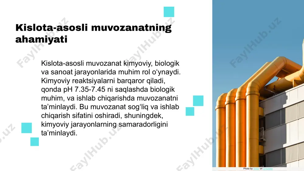 arbonat kislotasi bilan reaktsiyada, muvozanat holati va reaktsiya tezligi muhim rol o'ynaydi. kimyoviy muvozanatga ta'sir qiluvchi omillar: harorat, bosim va konsentratsiya. bu faktlar muvozanatning barqarorligini ta'minlashda muhimdir. biologik jarayonlarda ph muvozanati muhim ahamiyatga ega. masalan, qon ph darajasi 7.35-7.45 oralig'ida bo'lishi kerak. sanoatda, masalan, kimyoviy mahsulot ishlab chiqarishda, muvozanatni saqlash mahsulot sifatini oshiradi. bu jarayonlar, muvozanatni nazorat qilish orqali, samaradorlikni ta'minlaydi. amaliy misollarga, masalan, qog'oz ishlab chiqarish va dorixona sanoati kiradi. qog'oz ishlab chiqarishda kislota-asos muvozanati muhim, chunki u mahsulot sifatini yaxshilaydi. dorixona sohasida, muvozanatni saqlash, dorilarning sifat va xavfsizligini ta'minlaydi. bu misollar muvozanatning kundalik hayotdagi ahamiyatini ko'rsatadi. kislota-asosli muvozanatning amaliy misollari kislota va asoslar o'rtasidagi muvozanat misollari: sirka (xlorid kislota bilan), ammiak suyuqligi, limon va tuzlar bilan reaksiyalar. bu misollar kundalik hayotda, ovqatlanishda va tibbiyotda muhim ahamiyatga ega. sanoatda fosforit qazib olish, gidrometallurgiya jarayonlari va ekologiyada suv va tuproqni himoya qilish uchun kislota-asosli muvozanat muhimdir. bu amaliy misollar muvozanatning …