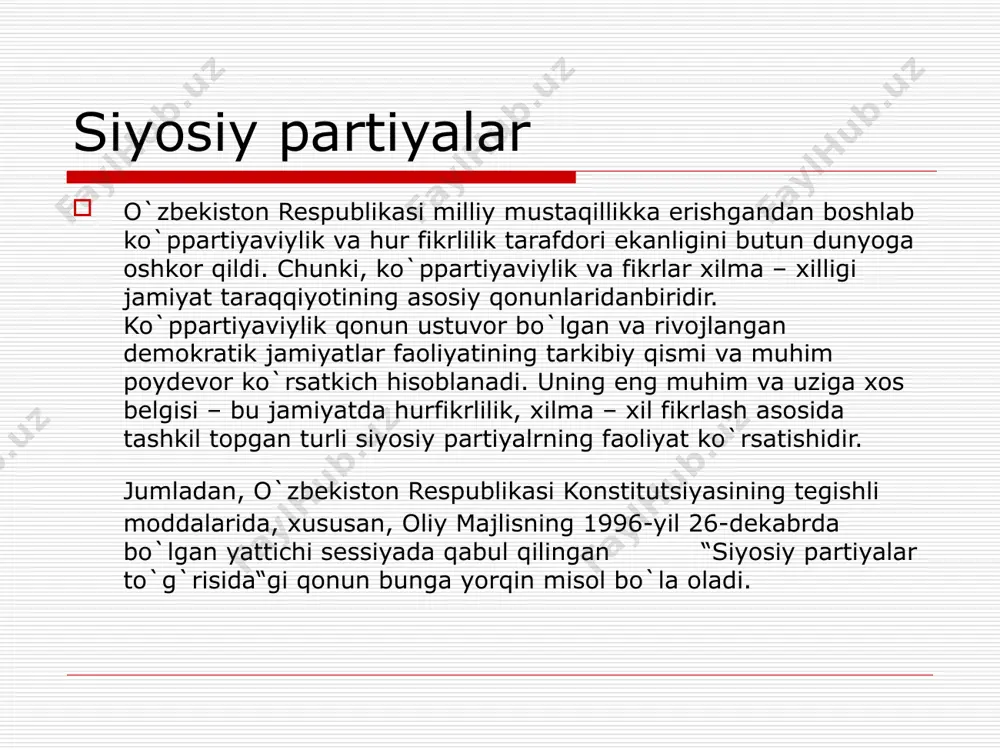 yaqin a`zosi bor. xdpning “o`zbekiston ovozi”, “голос узбекистана” gazetalari va “muloqot” jurnali mavjud. * adolat sotsial-demokratik partiyasi o`zbekiston adolat sotsial-demkratik partiyasi 1995-yil 18-fevralda toshkentda o`z ishini olib borgan i tasis qurultoyida tuzilgan. qurultoyda uning nizomi va dasturi qabul qilingan va o`zbekiston respublikasi adliya vazirligi tomonidan 1995-yil 18-fevralda ruyxatga olingan. o`zbekiston respublikasi oliy majlisining 19950yil 24-fevraldagi qarori bilan ushbu partiyaning 47 kishidan iborat oliy majlis deputatlai fraksiyasi ro`yxatga oldi. !999-yil 5 va 9 dekabr kunlari o`zbekiston respublikasi oliy majlisiga saylangan deputatlardan 11 nafari “adolat” sotsial-demokratik partiyasiga mansub a’zolardir. o’zbekiston “adolat”sdp safida 30 mingdan ortiq a’zo bor.qoraqalpog’iston respublikasida ,barcha viloyatlarda,shuningdek 175 shahar va tumanlarda partiya kengashlari tuzilgan.joylarda 1000dan ortiq boshlang’ich partiya tashkilotlari ish olib bormoqda. partiyaning “adolat”nomli ijtimoiy-siyosiy haftalik gazetasi mavjud. * milliy tiklanish demokratik partiyasi o’zbekiston milliy tiklanish demokratik partiyasi (mtdp) 1995-yil 3-iyunda toshkentdagi bo’lib o’tgan ta’sis qurultoyida tuzilgan. ushbu quriltoyda partiya nizomi va dasturi qabul qilingan va o’zbekistton respublikasi adliya …