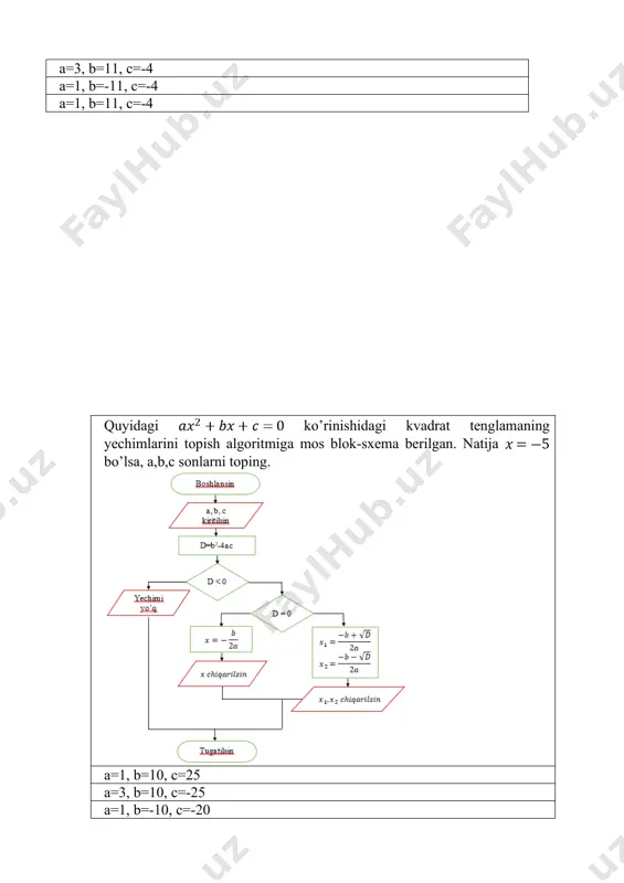 toping. a=3, b=-11, c=-4 quyidagi ko’rinishidagi kvadrat tenglamaning yechimlarini topish algoritmiga mos blok-sxema berilgan. natija bo’lsa, a,b,c sonlarni toping. a=1, b=10, c=25 python dasturida berilgan kod natijasini aniqlang. a=[] n=10 for i in range(2,n): for j in range(2,i): if i%j==0: break else: a.append(1) print(a) [1, 1, 1, 1, 1, 1, 1, 1, 1, 1] quyidagi ko’rinishidagi kvadrat tenglamaning yechimlarini topish algoritmiga mos blok-sxema berilgan. a = 1, b = - 2023, c = 2022 bo’lsa, tenglama yechimini toping. ms power point 2016. quyidagi uskunalar paneli qaysi menyuga tegishli? vid ms word 2016. oy, kun, yilni hosil qilish tezkor tugmasini toping? alt+shift+d a and not b or not c mantiqiy ifodaning rostlik jadvalidagi rost qiymatlar yig’indisini aniqlang. 31 ms excel. b1 katakda qanday formula bor ekanligini aniqlang. ms excel. b1 katakda qanday formula bor ekanligini aniqlang. ms excel. b1 katakda qanday formula bor ekanligini aniqlang. python. i=42 bo’lsa, quyidagilardan qaysi biri …