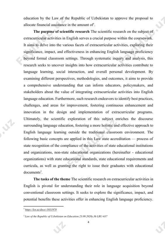icance, impact, and potential benefits these activities offer in enhancing english language proficiency. by conducting systematic inquiries and analyses, this research aims to uncover valuable insights into how extracurricular activities contribute to linguistic skills, social interactions, and overall personal development. furthermore, it endeavors to bridge theory with practice, providing educators, policymakers, and stakeholders with evidence-based recommendations for integrating extracurricular activities into english language education effectively. through this research, the goal is not only to identify best practices and challenges but also to foster continuous improvement and innovation in educational approaches. ultimately, the scientific exploration of extracurricular activities in english aims to optimize language learning outcomes, empower learners, and enrich the educational experience both inside and outside the classroom. the theory of course paper the introduction to the topic of extracurricular activities in english sets the stage for understanding the theoretical framework of the coursework. it provides a foundational overview of …