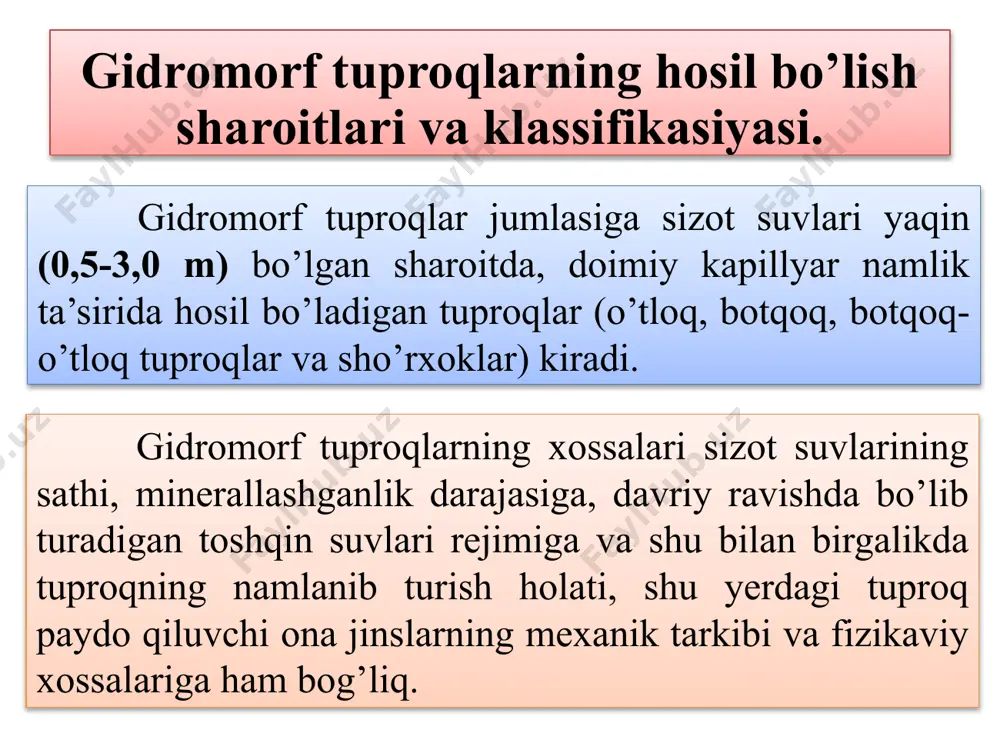 arda tuzlar tuproqning ustki qatlamlarida to’planib, tuproqni sho’rlantiradi. klassifikasiyasi. cho’l va bo’z tuproqlar zonasi asosiy gidromorf tuproqlarining tiplari – o’tloq, botqoq va sho’rxok tuproqlari bo’lib, ular botqoq-o’tloq, o’tloq (tipik), sho’rxok va botqoq-sho’rxok singari tipchalarga ajratiladi. gidromorf tuproqlar quyidagi avlodlarga: 1-allyuvial, 2 –uncha rivojlanmagan shag’alli allyuvial; 3-sho’rlangan allyuvial; 4- sozli tuproqlar; 5- sho’rlangan soz; 6-sho’rtobli soz tuproqlar kabilarga bo’linadi. sho’rlanish darajasiga qarab: sho’rlanmagan, kuchsiz sho’rlangan, o’rtacha sho’rlangan va kuchli sho’rlangan tuproqlarga ajratiladi. gumus miqdoriga ko’ra och tusli (2 foizgacha gumus bo’ladi) va to’q tusli (2 foizdan ko’p) turlarga bo’linadi. sug’oriladigan yerlardagi gidromorf tuproqlar orasida sug’oriladigan o’tloq, botqoq-o’tloq va botqoq (sholipoya) tuproqlari va ular ham yangidan sug’oriladigan va qadimdan sug’oriladigan (voha) tuproqlariga ajratiladi. cho’l zonasining gidromorf tuproqlari. cho’l zonasining gidromorf tuproqlari daryo vodiylari va irmoqlarida keng tarqalgan bo’lib, ularning asosiy qismi allyuvial rejimli tuproqlar jumlasiga kiradi. cho’l zonasi gidromorf tuproqlarining o’ziga xos xususiyati, unda gumusning kamligi va turli darajada sho’rlanganligidir. o’tloq tuproqlar. …