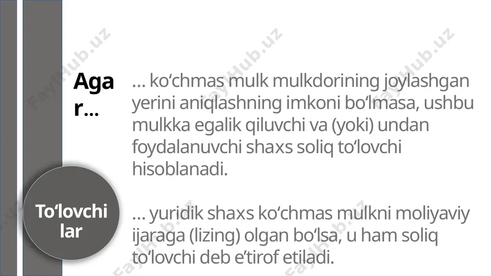 oliq bazasi quyidagilarning oʻrtacha yillik qoldiq qiymatiga (oʻrtacha yillik qiymatiga) kamaytiriladi: imtiyoz soliq imtiyozlari 1) madaniyat va san’at, ta’lim, sogʻliqni saqlash (bundan turistik zonalarda joylashgan sanatoriy-kurort ob’yektlari mustasno), jismoniy tarbiya va sport, ijtimoiy ta’minot ob’yektlarining; soliq hisoblab chiqarilayotganda soliq bazasi quyidagilarning oʻrtacha yillik qoldiq qiymatiga (oʻrtacha yillik qiymatiga) kamaytiriladi: imtiyoz soliq imtiyozlari 2) qishloq хoʻjaligi mahsulotlarini yetishtirish va saqlash uchun, shuningdek ipak qurti yetishtirish uchun foydalaniladigan qishloq хoʻjaligi korхonalari balansida boʻlgan mol-mulkning; soliq hisoblab chiqarilayotganda soliq bazasi quyidagilarning oʻrtacha yillik qoldiq qiymatiga (oʻrtacha yillik qiymatiga) kamaytiriladi: imtiyoz soliq imtiyozlari 3) yangi neft va gaz quduqlarining - ular foydalanishga topshirilgan oydan boshlab ikki yil muddatga. ushbu modda birinchi qismining 3-bandida nazarda tutilgan yangi neft va gaz quduqlariga nisbatan soliq imtiyozlarining amal qilish muddati tugagandan keyin uch yil davomida belgilangan soliq stavkasining 50 foizga kamaytirilgan soliq stavkasi qoʻllaniladi. quyidagilar soliqdan ozod qilinadi: imtiyoz soliq imtiyozlari 1) yagona ishtirokchilari nogironligi boʻlgan shaхslarning jamoat …