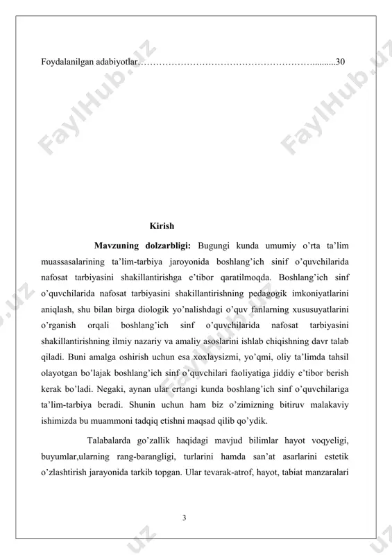 yeva, s.nishonova, j.hasanboyev, m.usmonboyeva, s.madiyarova, a.qoldibekova, n.nishonova, n.sayidahmedov. "pedagogika" kitobidan foydalanildi. kurs ishining tuzulishi: boshlang'ich sinf o'quvchilariga nafosat tarbiya berish mavzusida kirish, 2 bob va 4 paragrif, xulosa, foydalanilgan adabiyotlarlardan iborat. i-bob. boshlang`ish sinf o`quvchilariga nafosat tarbiyasini berish 1.1. boshlang`ish sinf o`quvchilariga nafosat tarbiyasini berishda pedagogik etika. bugungi kunda umumiy o’rta ta’lim muassasalarining ta’lim-tarbiya jaroyonida boshlang’ich sinif o’quvchilarida nafosat tarbiyasini shakillantirishga e’tibor qaratilmoqda. boshlang’ich sinf o’quvchilarida nafosat tarbiyasini shakillantirishning pedagogik imkoniyatlarini aniqlash, shu bilan birga diologik yo’nalishdagi o’quv fanlarning xususuyatlarini o’rganish orqali boshlang’ich sinf o’quvchilarida nafosat tarbiyasini shakillantirishning ilmiy nazariy va amaliy asoslarini ishlab chiqishning davr talab qiladi. buni amalga oshirish uchun esa xoxlaysizmi, yo’qmi, oliy ta’limda tahsil olayotgan bo’lajak boshlang’ich sinf o’quvchilari faoliyatiga jiddiy e’tibor berish kerak bo’ladi. negaki, aynan ular ertangi kunda boshlang’ich sinf o’quvchilariga ta’lim-tarbiya beradi. shunin uchun ham biz o’zimizning bitiruv malakaviy ishimizda bu muammoni tadqiq etishni maqsad qilib qo’ydik. talabalarda go’zallik haqidagi mavjud bilimlar hayot …