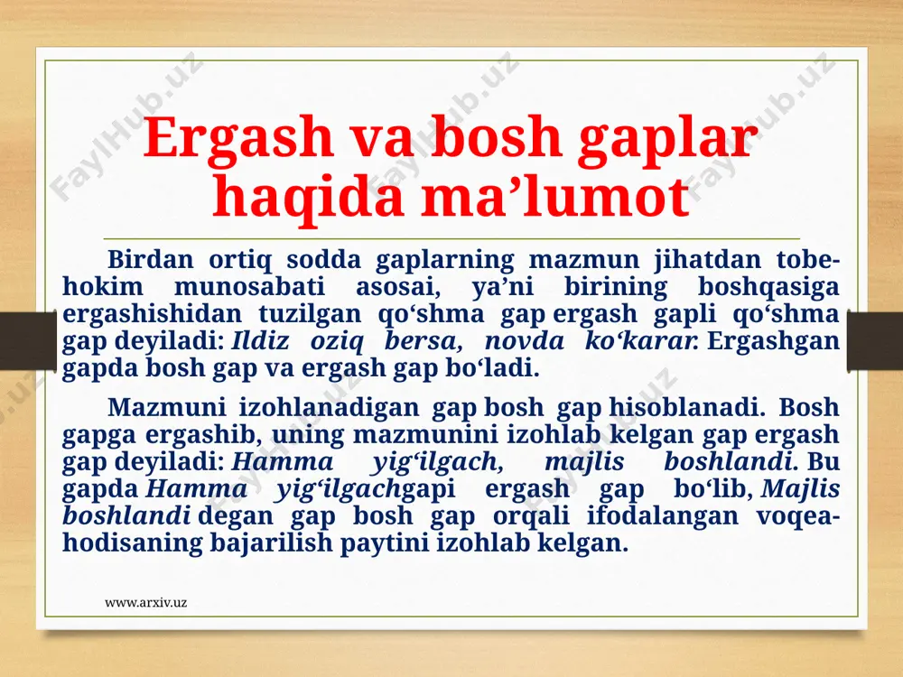 gilari quyidagicha qo‘llanadi: agar bog‘lovchisiz qo‘shma gap qismlari bir paytda yoki ketma-ket yuz bergan voqea-hodisalarni ifodalasa, ular orasiga vergul qo‘yiladi: arava g‘ijirlab borar, aravakash xirgoyisini bir zumga ham to‘xtatmas edi. agar bog‘lovchisiz qo‘shma gap qismlari o‘zaro mazmunan bir-biridan ancha uzoq bo‘lsa, ular orasiga nuqtali vergul qo‘yiladi: yomg‘ir chelakdan quyganday sharillab yog‘ardi; uning hayoli uzoq yoshlik paytlarida kezar edi. politsmeyster zinada to‘xtadi; uning basharasi yovuz va quturgan edi. (o.) bog‘lovchisiz qo‘shma gapning ikkinchi qismi birinchi qismining sababini bildirsa, izohlasa, to‘ldirsa, ular orasiga ikki nuqta qo‘yiladi: gap shu: ertaga men bilan yo‘lga chiqasiz. agar bog‘lovchisiz qo‘shma gap qismlari o‘zaro zidlik, o‘xshashlik yoki shart munosabatiga kirishgan bo‘lsa, ular orasiga tire qo‘yiladi: qor yog‘di – don yog‘di. yoshim yetmish ikkida –o‘zim yigitman. www.arxiv.uz bog‘langan qo‘shma gaplar teng munosabatdagi sodda gaplarning o‘zaro teng bog‘lovchilar yordamida bog‘lanishidan tuzilgan qo‘shma gap bog‘langan qo‘shma gap deyiladi: kechasi qalin qor yog‘di, lekin havo sovimadi. tarkibidagi sodda gaplarning o‘zaro mazmun-munosabatiga …