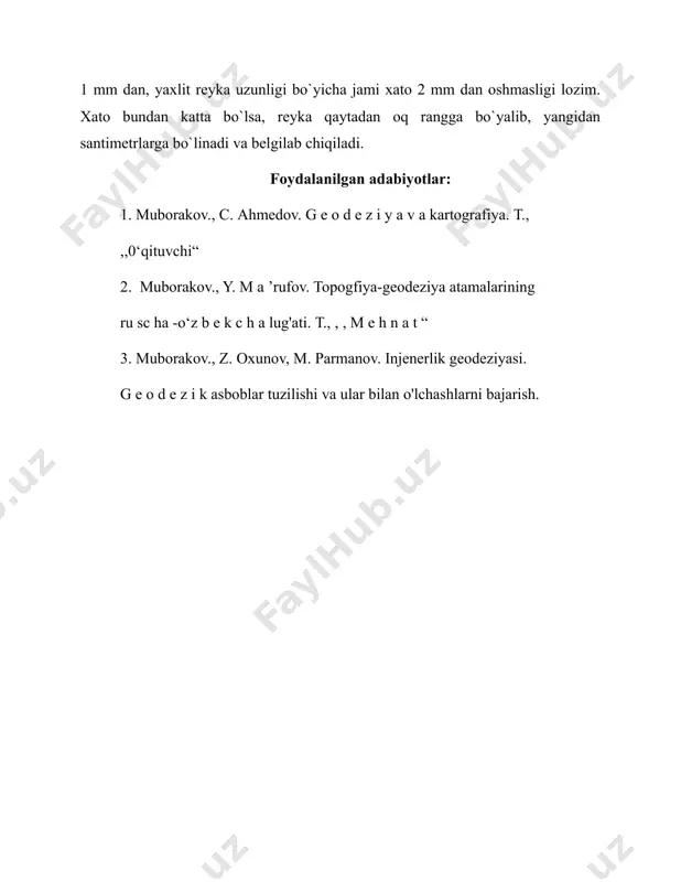 foydalanilgan adabiyotlar: 1. muborakov., с. ahmedov. g e o d e z i y a v a kartografiya. т., ,,0‘qituvchi“ 2. muborakov., y. m a ’rufov. topogfiya-geodeziya atamalarining ru sc ha -o‘z b e k c h a lug'ati. т., , , m e h n a t “ 3. muborakov., z. oxunov, m. parmanov. injenerlik geodeziyasi. g e o d e z i k asboblar tuzilishi va ular bilan o'lchashlarni bajarish.