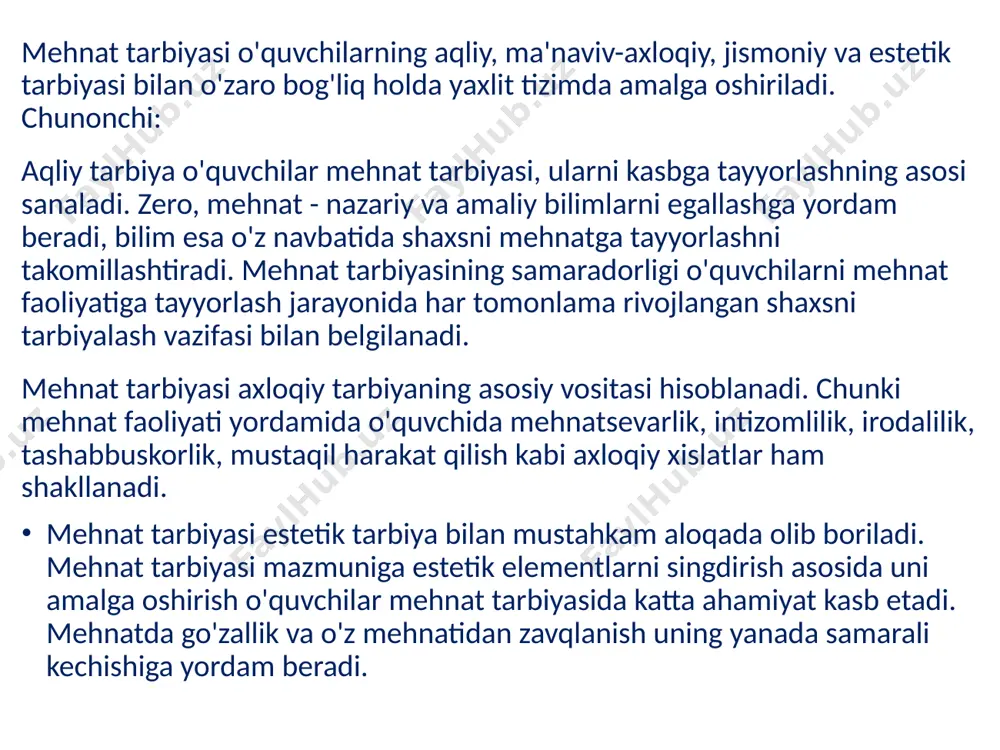 iyatining asosiy tarkibiy qismlari bu nafosat ongi, nafosatni his etishga bo'lgan ehtiyoj, uni qondirish yo'lida tashkil etilgan munosabatlardir. nafosatning asosiy xususiyatlari. tarbiyaviy ishlarni tashkil etishda nafosat idrokining psixologik qonuniyatlarini hisobga olish lozim. bu xususiyatlar ilk yoshdagi bolalarga xos hamda rivojlanish, nafosat tajribasi, tasavvurlarning shakllanganlik darajasiga bog'liq. atrof-olam hodisalari dastlab nafosat sifatida namoyon bo'lmaydi. bunday bo'lishdan oldin ular idrok etiluvchan, mazmunli, tushunarli bo'lishi lozim. demak, tarbiyachi, o'qituvchining birinchi navbatdagi vazifalaridan biri o'quvchilarning yosh xususiyatlarini inobatga olgan holda, eng murakkab hodisalar hamda go'zallik shakllari, nafosat muammolarini anglab yetishi lozim. nafosatni idrok etishning muhim unsuri - hissiyotlilik. nafosat tarbiyasining vositalari. nafosat tarbiyasining vositalari o'quvchilarning go'zallikni sevish ruhida tarbiyalash maqsadida tevarak-atrofdan tanlab olingan turmush, tabiat, san'at go'zalligi va bolalarning badiiy faoliyatini tashkil etishga yo'naltirilgan pedagogik jarayonda qo'llaniluvchi omillar sanaladi. oila go'zallikning birinchi maktabidir. oila a'zolarining o'zaro munosabatlari, uy jihozlari, ularning yagona birligi, uyg'unligi, tartibli joylashtirilishi, saranjom-sarishtalik, maktabning bezatilishi, maktabdagi yodgorlik va a'lochilar burchagi kabilarning …