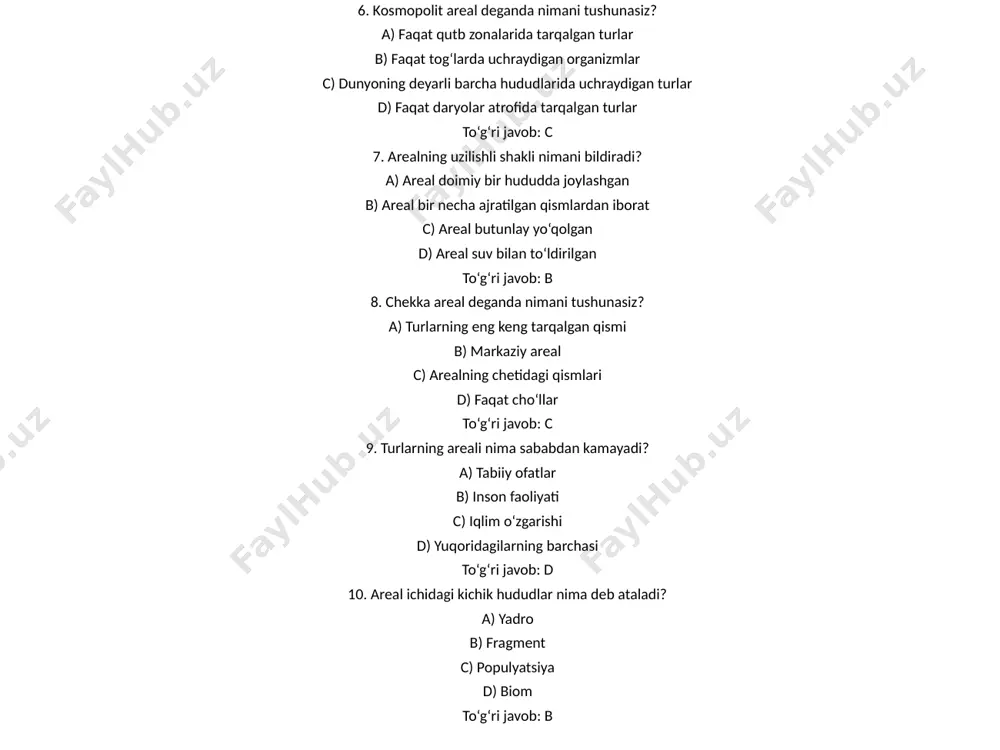 a yuz beradi? a) tur o‘zgarishi b) ekologik moslashuv c) evolyutsiya d) harakatsizlik to‘g‘ri javob: b 13. migratsiya arealga qanday ta'sir qiladi? a) arealni o‘zgartirmaydi b) arealni toraytiradi c) arealni kengaytiradi yoki yangi areallar vujudga keladi d) faqat chekka areallarni buzadi to‘g‘ri javob: c 14. antropogen omillar deganda nimani tushunasiz? a) quyosh nurlari b) inson faoliyati ta’siri c) atmosfera bosimi d) daryo oqimi to‘g‘ri javob: b 15. abiotik omilga misol keltiring: a) yirtqich hayvon b) kasallik tarqatuvchi c) harorat d) bakteriyalar to‘g‘ri javob: c 16. biotik omilga misol: a) quyosh nuri b) suv c) hayvonlararo raqobat d) shamol to‘g‘ri javob: c 17. areal markazi qayerda joylashadi? a) chekka hududda b) suvda c) eng qulay yashash sharoitlari mavjud hududda d) yo‘qolib ketgan joyda to‘g‘ri javob: c 18. areal ichidagi ajratilgan populyatsiyalar nima deyiladi? a) alohida tur b) subpopulyatsiya c) metapopulyatsiya d) ekotizim to‘g‘ri javob: c 19. reintroduksiya nima? a) tur arealini …