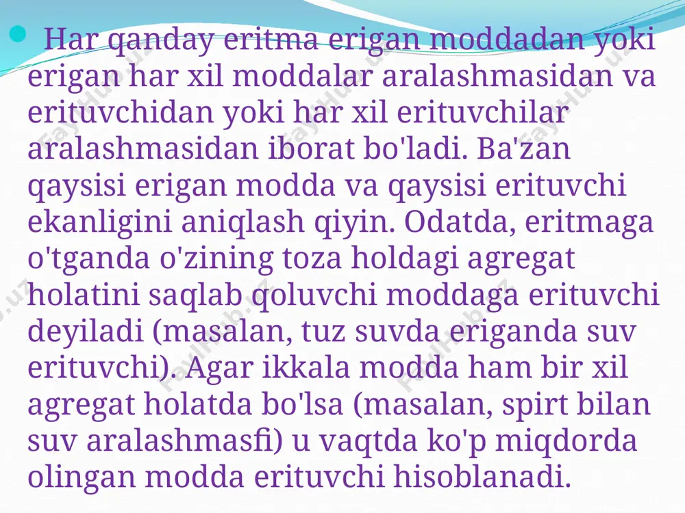 + nano3 har ikkala holda ham suvda deyarli erimaydigan, o’ziga xos oq “suzmasimon” cho’kma–kumush xlorid hosil bo’ladi. agcl dan tashqari barcha moddalar eritmada ionlar holida bo’ladi. ag+ + no3– + h+ + cl– = ↓agcl + h+ + no3– ag+ + no3– + na++ cl– =↓agcl + na+ + no3– bu reaksiyalarning mohiyati shundaki, eritmadagi ag+ ionlari cl– ionlari bilan o’zaro ta’sir etib, agcl cho’kmasini hosil qiladi. h+, na+ va no3– ionlari ushbu almashinish reaksiyalarida o’zgarmaydi, shuning uchun tenglama tuzishda ularni ko’rsatmasa ham bo’ladi. yuqorida ko’rsatib o’tilgan protsesslar bitta umumiy formula bilan ifodalanadi: ag+ + cl– =agcl↓ masalan, quyidagi tenglamalar bilan ifodalanadigan reaksiyalarda ba2+ ionlari so42– ionlari bilan birikadi. bacl2 + h2so4 = baso4↓ + 2hcl ba(oh)2 + k2so4 = baso4↓+ 2koh natijada bariy sulfat baso4 cho’kmasi hosil bo’ladi. har ikkala reaksiyani bitta umumiy tenglama bilan ifodalash mumkin: ba2+ + so42– = baso4↓ elektrolitlar eritmalarida sodir bo’ladigan reaksiylarning mohiyatini ko’rsatib …