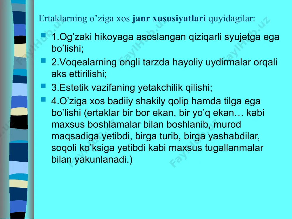 vob berish uchun o’ylaydilar, ertak qahramonlarining hatti-harakatini muhokama qilib, uni baholashga o’rganadilar. masalan, “ur to’qmoq” ertagidagi asosiy fikr yaxshilikka-yaxshilik qaytishi, yovuzlik qoralanishini ifodalashdan iborat bo’lsa, “donishmand” ertagida ahillikka undashdan iborat. ertakda xalq o’z hayotini o’zi hikoya qiladi, shuning uchun o’quvchilar ertakni o’qish bilan ma’lum davrdagi xalq hayotini, o’ylari va orzu-istaklarini bilib oladilar. ertak o’quvilar nutqini o’stirishda ham katta ahamiyatga ega. ertak matni bog’lanishli nutqni o’stirish uchun zarur material beradi. kichik yoshdagi o’quvchilar ertakni juda qiziqib, obrazli ifodalarni va tasviriy vositalarni, shuningdek, ertakning o’ziga xos sintaktik qurilishini, gap tuzilishini saqlagan holda jonli aytib beradilar. ertak ustida ishlashda bolalarni ertakni o’qishgagina emas, balki uni aytib berishga o’rgatish ham muhimdir. ertak aytish og’zaki nutqni o’stiradi, bolalar nutqini yangi so’z va iboralar bilan boyitadi, ona tiliga muhabbatni tarbiyalaydi. 1-sinfdayoq ertak tilidan erkin foydalanishga o’rgatish uchun ertak bilan birinchi tanishtirishda uni o’qituvchi aytib berishi mumkin. ertakni izohli o’qitish darsining qurilishi quyidagicha bo’lishi mumkin: 1) o’quvchilarni …