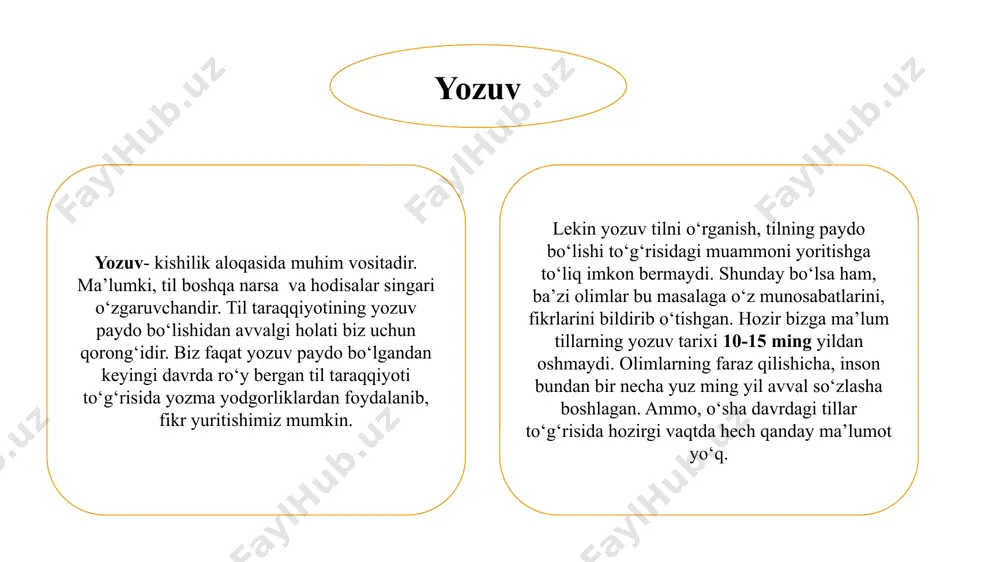 rilishini ifodalab qolmay, uning fonetik tuzilishini, ya’ni so‘zning tovush tarkibini ham aks ettiradi. fonetik yozuv. yozuvning bu turi bir necha ko‘rinishlarga ega. shulardan biri bo‘g‘in yozuvidir. bu yozuvda ierogliflar bo‘g‘inlarni ifodalaydi. yozuv tarixida bo‘g‘inli yozuv muhim ahamiyat kasb etadi. bo‘g‘inli yozuvda bir bo‘g‘inni, bir so‘zni, bir tovushni ifodalaydigan belgilar qo‘llangan. ossuriya va vavilon mix (qoziq) yozuvi ana shunday yozuvlardan hisoblangan. bu yozuvda ayrim belgilar bir tovushni, butun bir bo‘g‘inni, ba’zi belgilar esa butun bir so‘zni ifodalagan. eronliklar vavilonni bosib olganlaridan keyin ossuriya va vavilon mix yozuvidan foydalanib, fonetik (tovushli) yozuvni, ya’ni har qaysi belgi bir tovushni ifodalaydigan yozuvni ixtiro etganlar. ilk yozuv magik (ya’ni sehr - jodu) vazifani bajargan. chex tilshunosi ch.loukotka ham bu fikrni qo‘llab-quvvatlaydi. shuningdek, g‘arb tilshunosligida ham n.marr bilan i.meshchaninovlarnikiga yaqin fikrlar paydo bo‘ldi. jumladan, g.malleri amerika hindulari tilida ko‘pgina belgilar imo-ishoralar tilidan kelib chiqqanini isbotladi. shu tariqa yozuv “tushuncha - so‘z - yozuv belgisi” ko‘rinishidagi yangi …