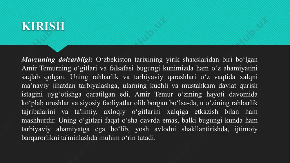 ‘lib, bu yo‘nalish hozirgi zamon yoshlariga ham katta ta’sir ko‘rsatadi. temurning bu o‘gitlari, ayniqsa, yoshlarni milliy g‘urur, o‘zligini anglash, yurtiga xizmat qilish ruhida tarbiyalashda yordam beradi. amir temur o‘gitlarining zamonaviy hayotda qo‘llanilishi amir temur o‘gitlari nafaqat tarixiy qadriyatlar sifatida, balki zamonaviy ta'lim tizimida yoshlarni ma'naviy jihatdan shakllantirishda qo‘llanilishi kerak. bugungi kunda o‘quvchilarga temur o‘gitlaridan kelib chiqib, ularni nafaqat ilmiy, balki axloqiy va ma'naviy jihatdan ham shakllantirish zarur. o‘quvchilarga vatanparvarlik, mehnatsevarlik, adolat, axloqiy yuksaklik kabi qadriyatlarni o‘rgatish, ularning har tomonlama rivojlanishiga, ijtimoiy faolligini oshirishga olib keladi. zamonaviy ta’limda shaxsga yo‘naltirilgan yondashuv asosiy pedagogik tamoyillardan biridir. amir temur o‘z o‘gitlarida har bir insonning individual imkoniyatlari, ma’naviy-ruhiy tarbiyasi, o‘zlikni anglashiga urg‘u bergan. u kishilarni yoshi, lavozimi yoki ijtimoiy holatidan qat’i nazar, qobiliyati va xizmatiga qarab qadrlagan. bu yondashuv hozirgi ta’limda differensial yondashuv, inklyuziv ta’lim va shaxsiylashtirilgan o‘qitish metodlari bilan uyg‘unlashadi. demak, temurning o‘gitlari zamonaviy ta’limda shaxsga individual yondashuvni kuchaytirish zarurligini asoslaydi. t. qurbonov …