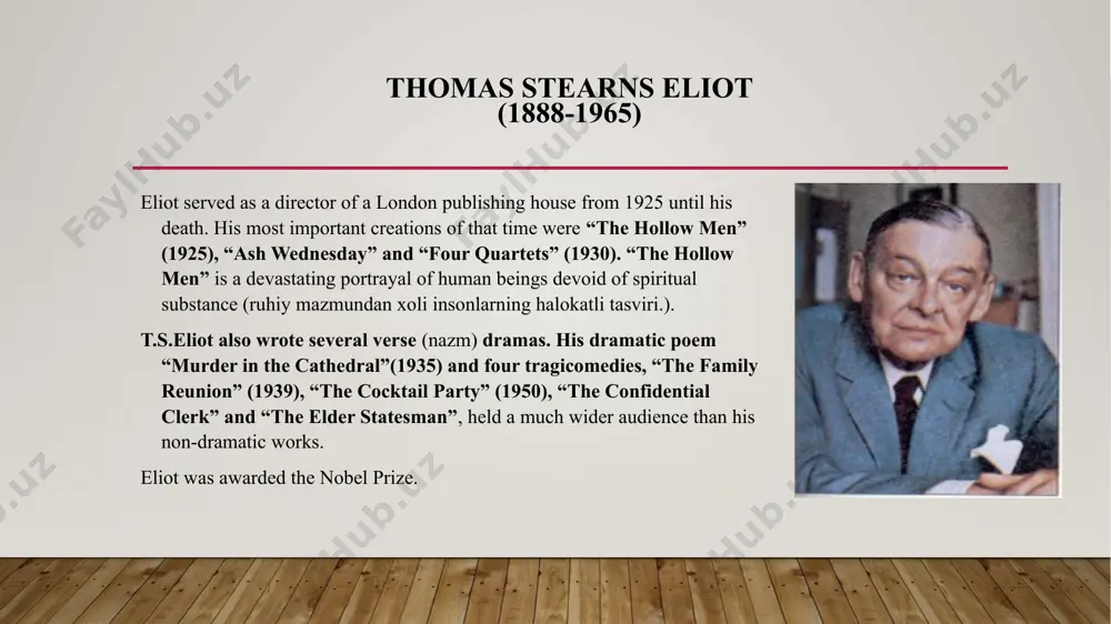 radio broadcaster. another book of boyhood reminiscences “quite early one morning” (1954), and a verse play (sheriy pyessa), “under milk wood’ (1954), were published after his death. dylan thomas (1914-1953) thomas left school at 16 and spent fifteen months as a newspaper reporter, but poetry writing was more to his taste. he published his first volume of poetry at the age of nineteen and continued to publish books of verse during the 1930s. he published “eighteen poems” in 1934 and “twenty-five poems” in 1936. the literary critics consider the poems of these two collections frustratingly difficult. dylan thomas himself wrote to a friend: ”i like things that are difficult to write and difficult to understand. ... i like contradicting my images, saying two things at once in one word, four in two and one in six”. his most famous collection of poems ‘deaths and entrances” (1946), reveals a movement away …
