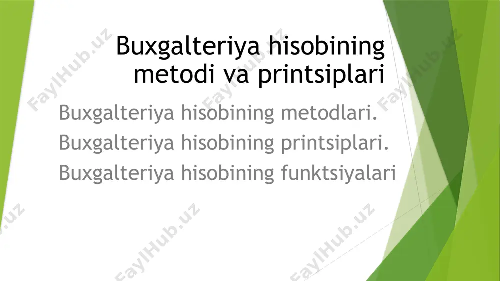 xgalteriya hisobining schyotlari – korxonalar iqtisodiy resurslarining holati va harakati haqidagi buxgalteriya axborotini qayd etish va saqlash uslubi hamda ularga bo‘lgan talablardir. buxgalteriya hisobining schyotlarida buxgalteriya hisobining ob’ektlarini har kuni va muntazam ravishda aks ettirib boriladi. schyotlar orqali iqtisodiy belgilari bo‘yicha bir turdagi xo‘jalik operatsiyalari guruhlashtiriladi, korxona mablag‘lari, ularning tashkil topish manbailari va xo‘jalik operatsiyalarining holati va harakati haqida joriy ma’lumotlar yig‘ib boriladi. ikki yoqlama yozuv ikki yoqlama yozuv – bu xo‘jalik operatsiyalarini buxgalteriya hisobining schyotlarida qayd qilish usulidir. ikkiyoqlama yozuv shundan iboratki, bitta operatsiya bo‘yicha bitta summaning o‘zi buxgalteriya hisobining kamida ikkita schyotida aks ettiriladi korxona mablag‘lari va uni tashkil topish manbalari ustidan nazorat o‘rnatiladi mablag‘larning sarflanish yo‘nalishini ko‘rsatadi xo‘jalik muomalalarini tekshirish imkonini beradi schyotlardagi xatoliklarni aniqlashni ta'minlaydi. buxgalteriya balansi buxgalteriya hisoboti buxgalteriya balansi – bu korxonaning mulki va majburiyatlarni ma’lum bir sanada pul ko‘rinishida umumlashgan va iqtisodiy guruhlashtirish usuli hisoblanadi. korxona mulki balansda ikki guruhga bo‘lingan holda aks …